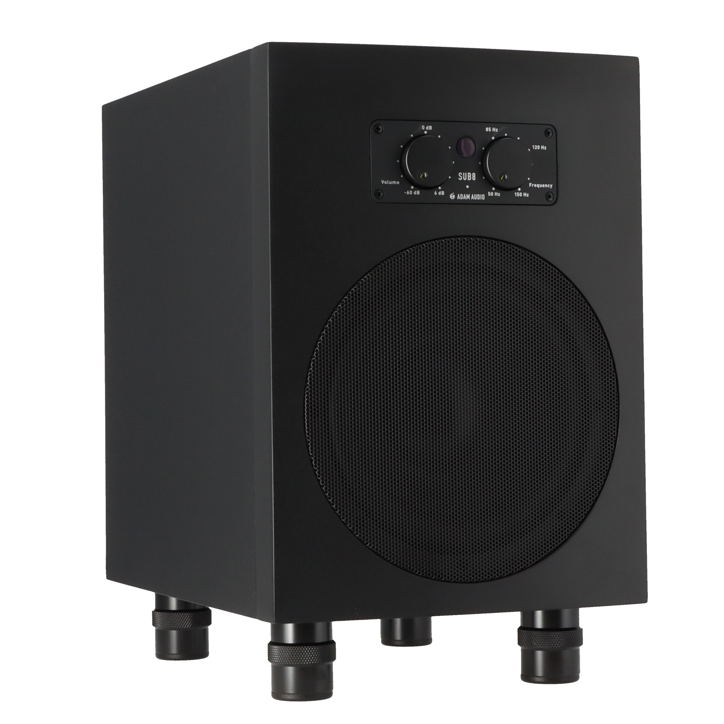 Black subwoofer with volume and frequency control knobs.