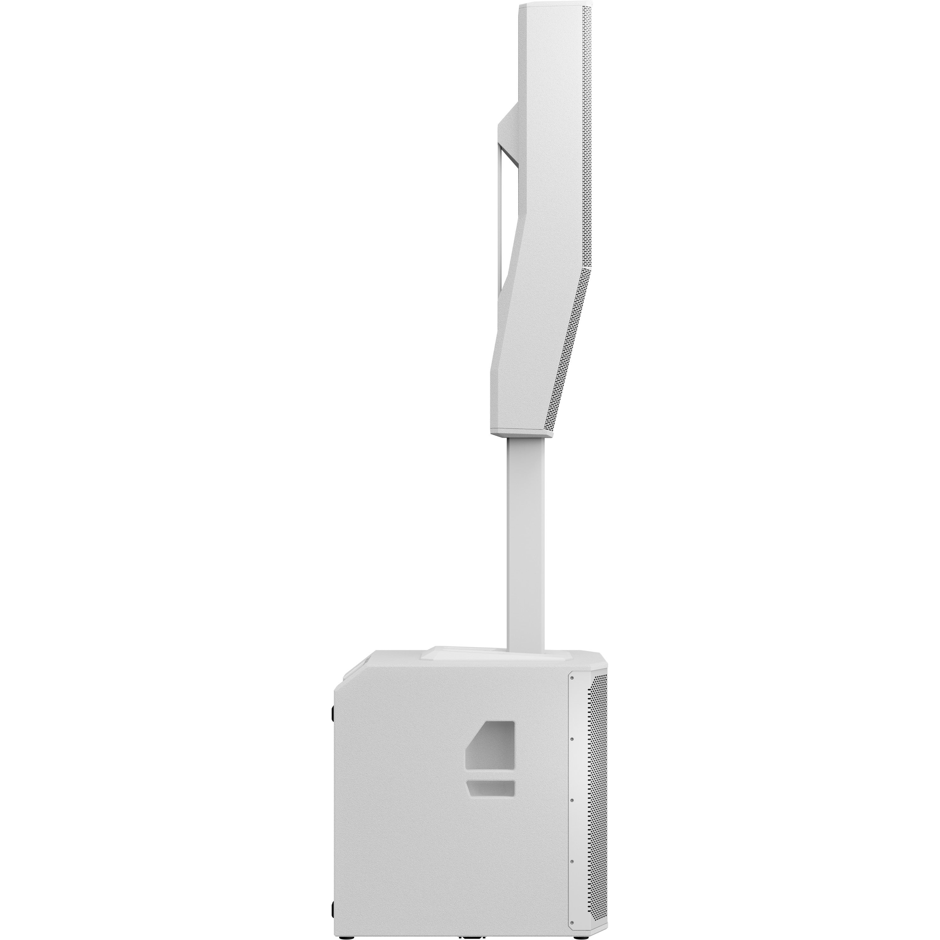 White speaker system with a subwoofer base and tall column speaker.