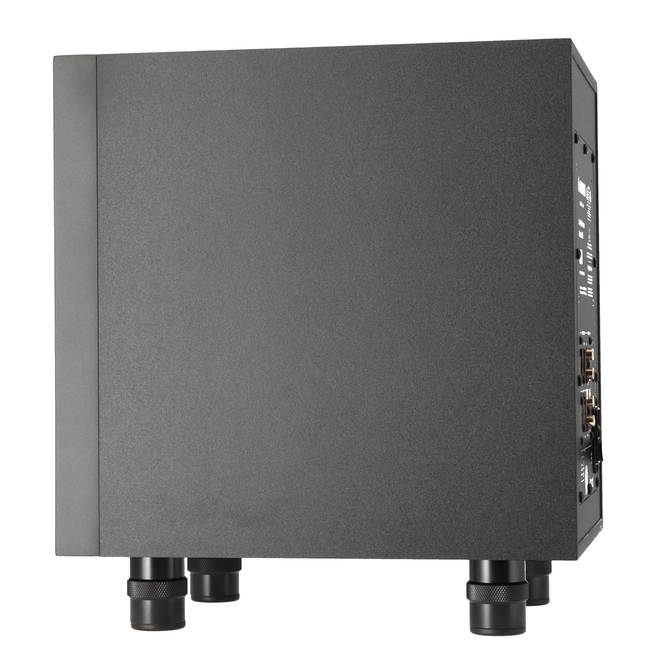 A black textured cube-shaped device with four adjustable feet and ports on the right side.