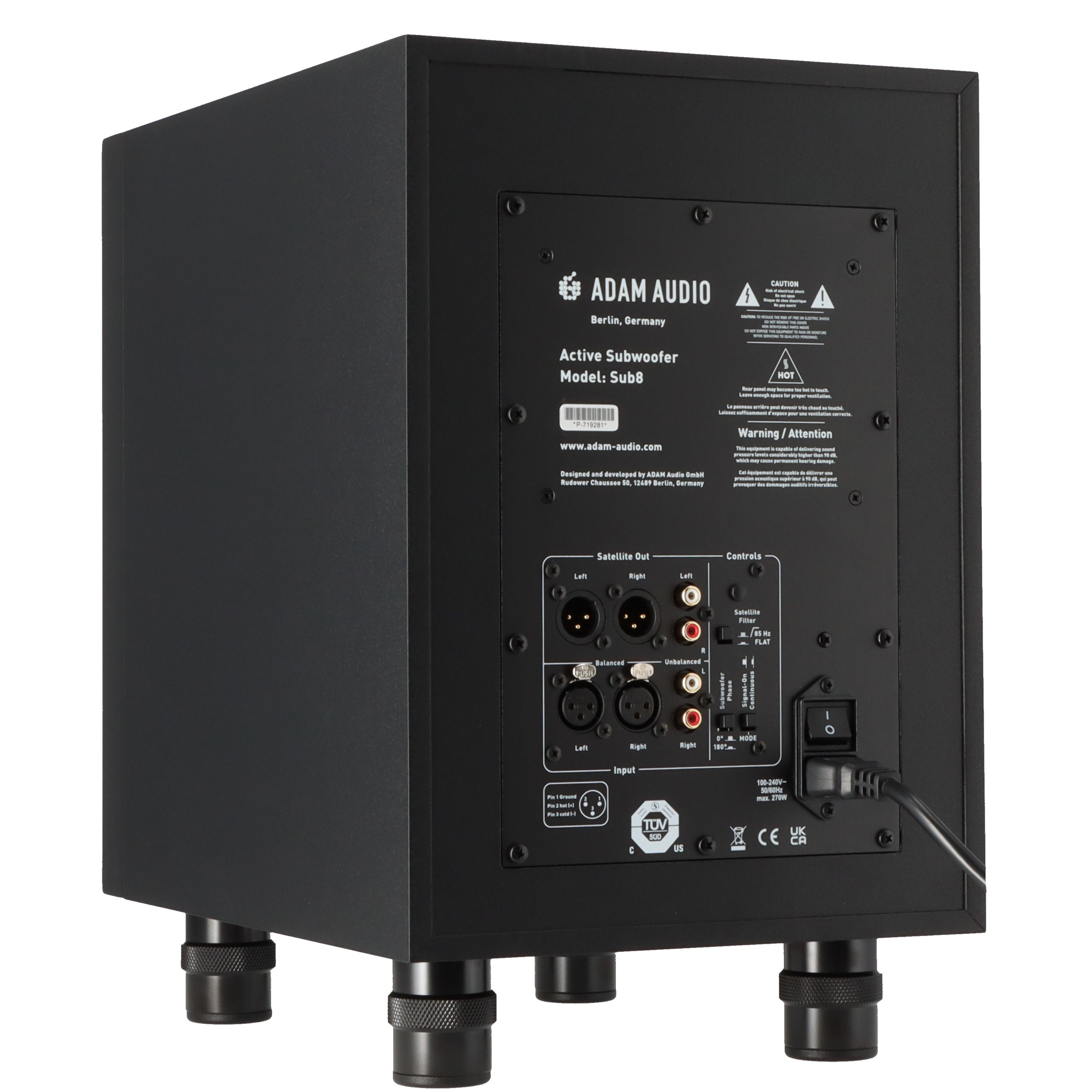Rear of a black subwoofer showing connections, controls, and warning labels.