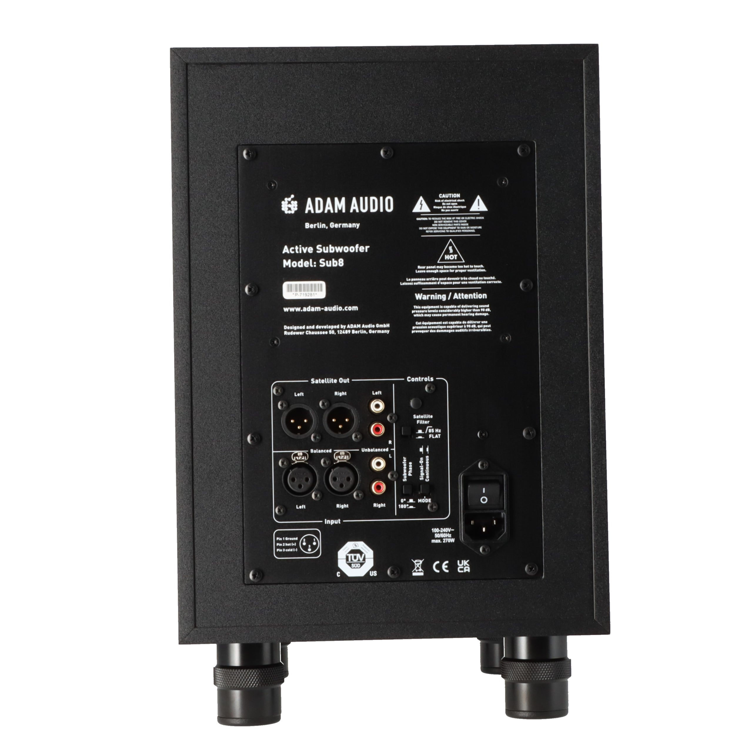 Rear panel of a black Adam Audio Sub8 subwoofer showing connections and controls.