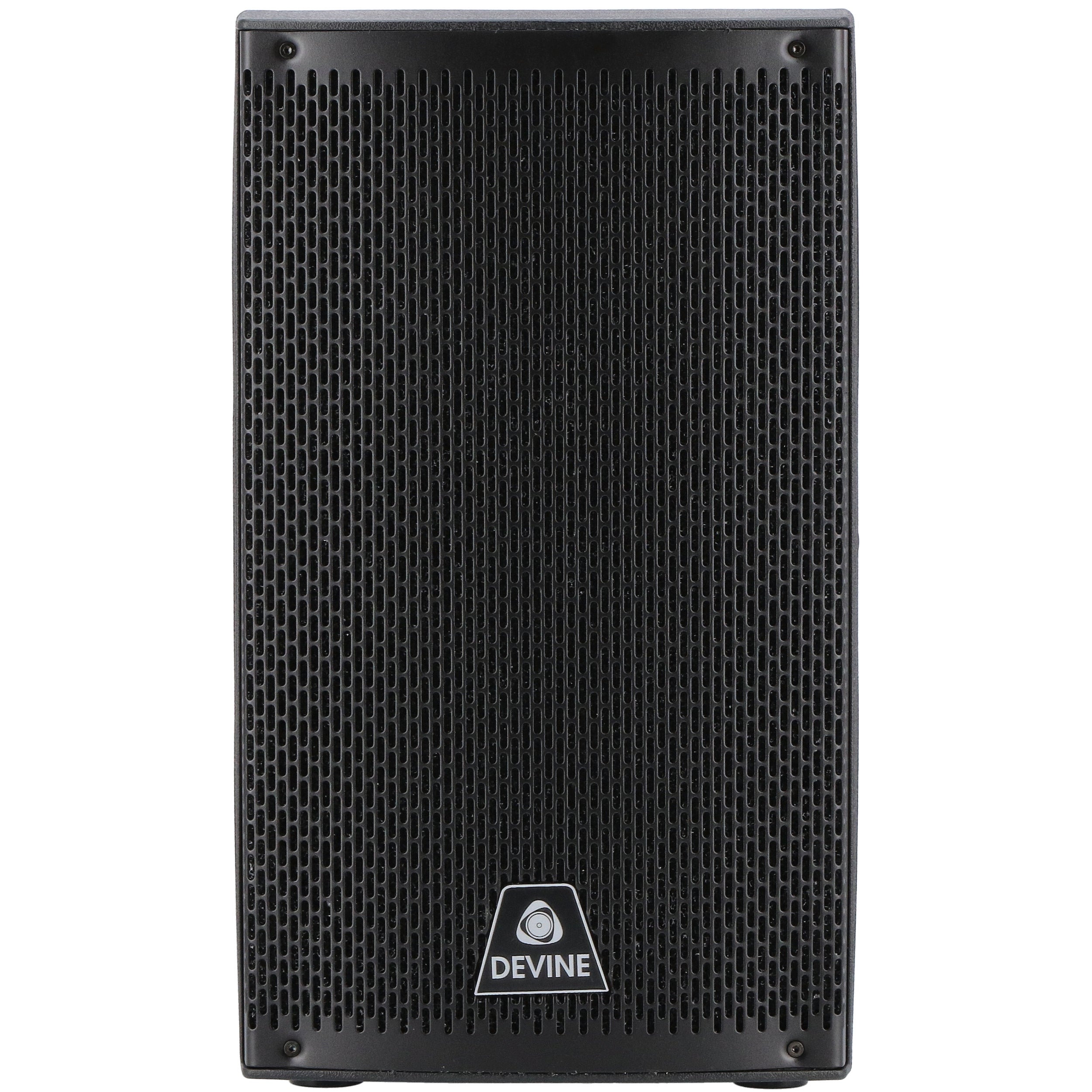 Black speaker with a grille and a silver logo at the bottom.
