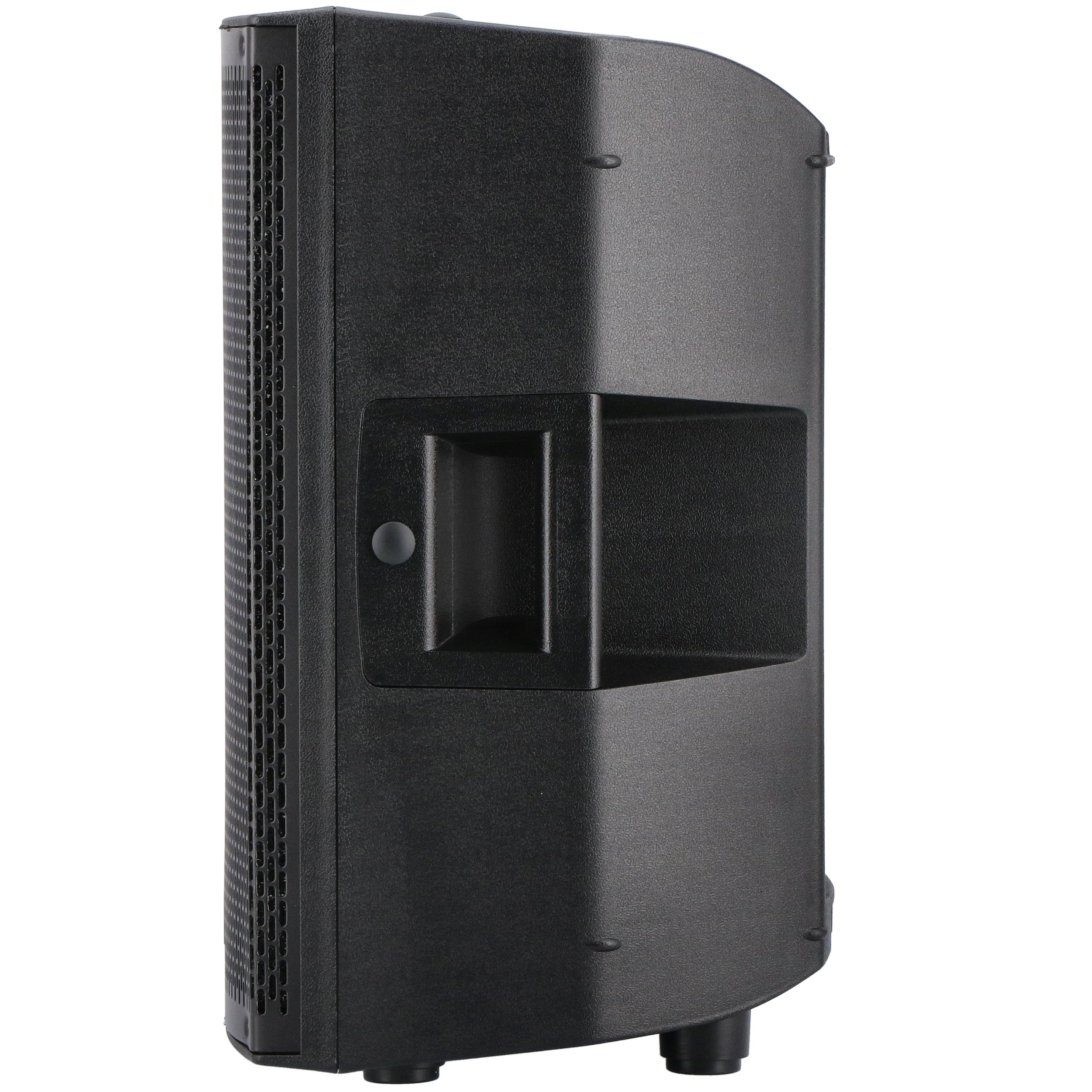Black speaker with handle recess and grille on the left side.