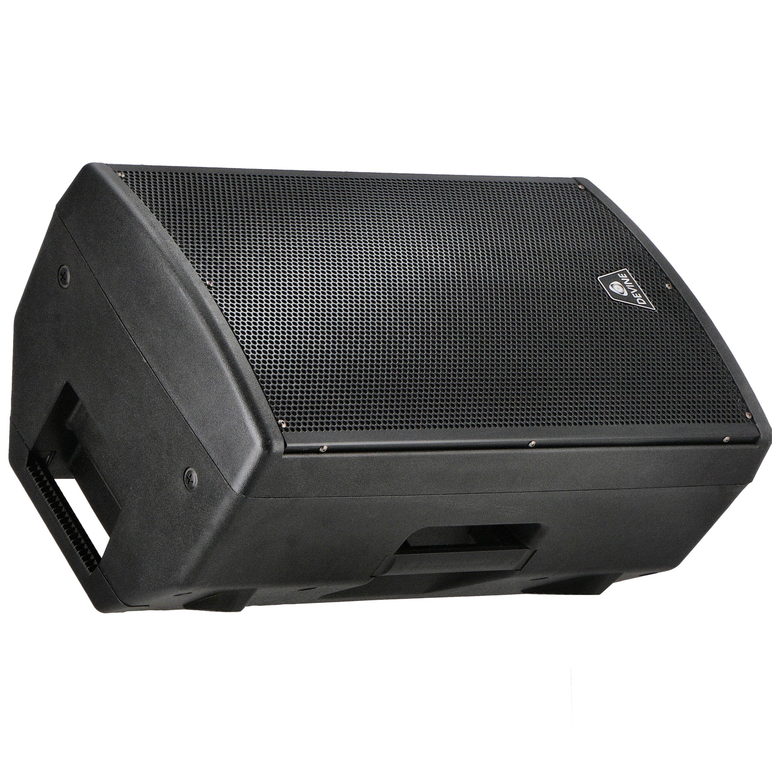 Zwarte podium monitor luidspreker met rooster en handvat.