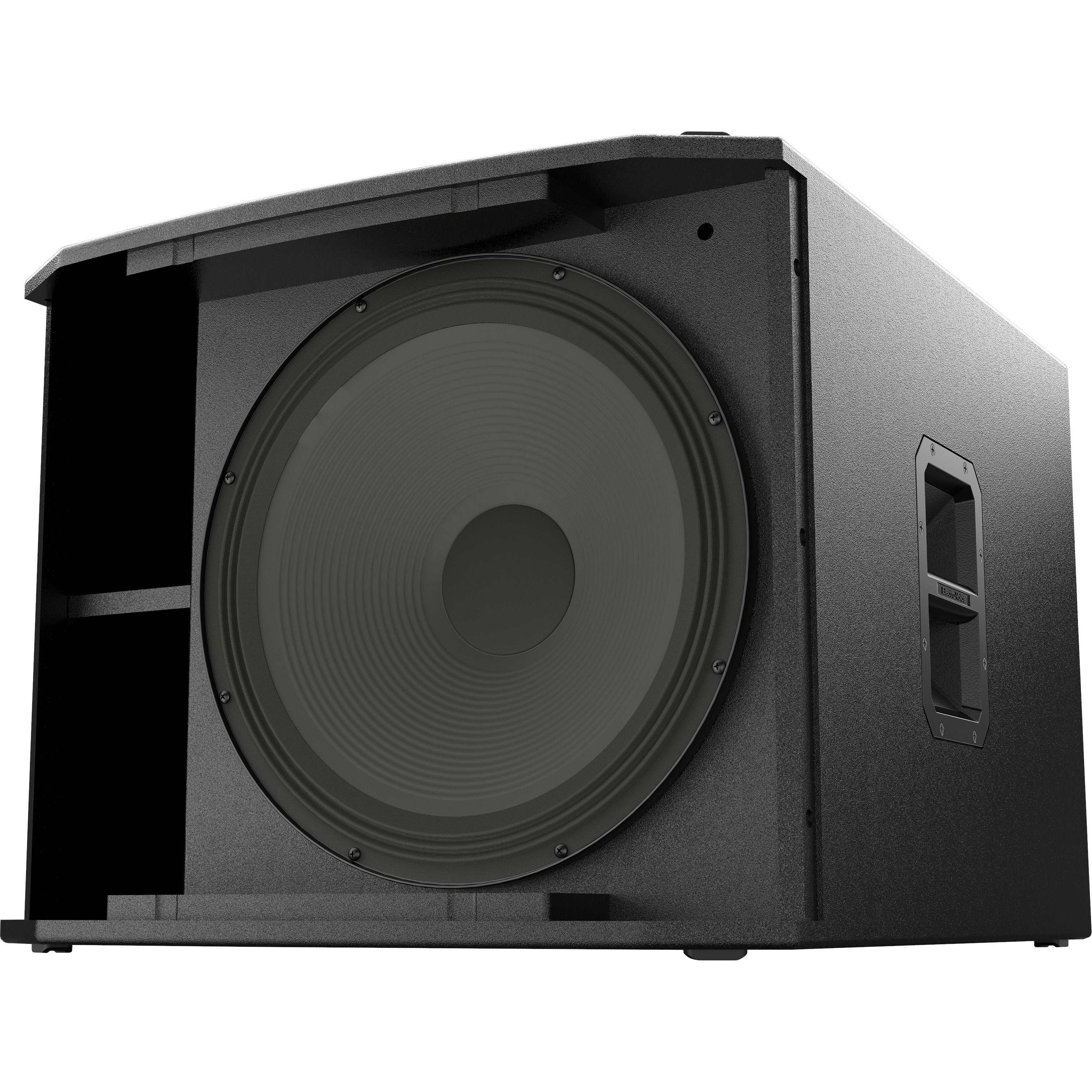 Black subwoofer speaker with a large cone and black enclosure.