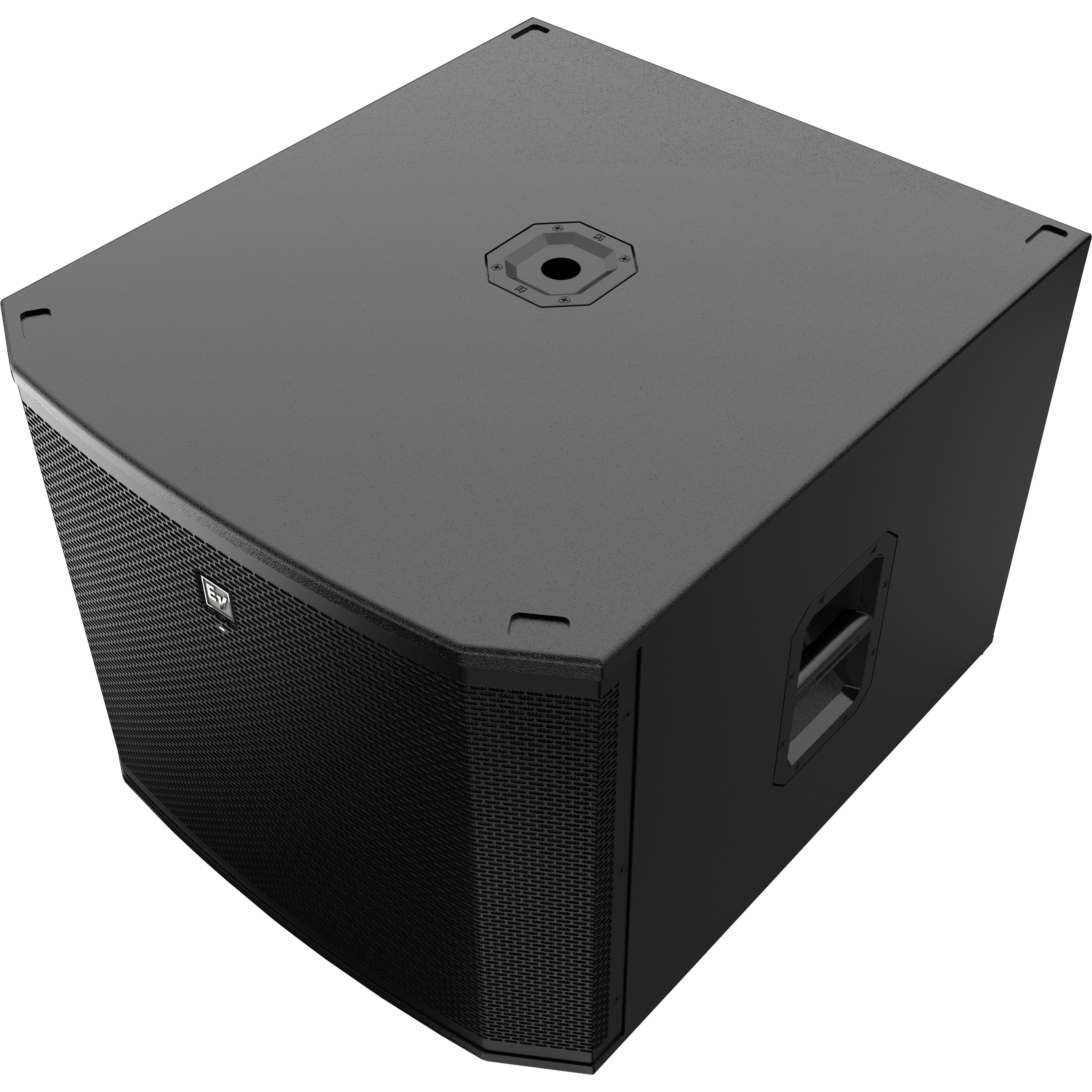 A black subwoofer with a front grille and a side handle.