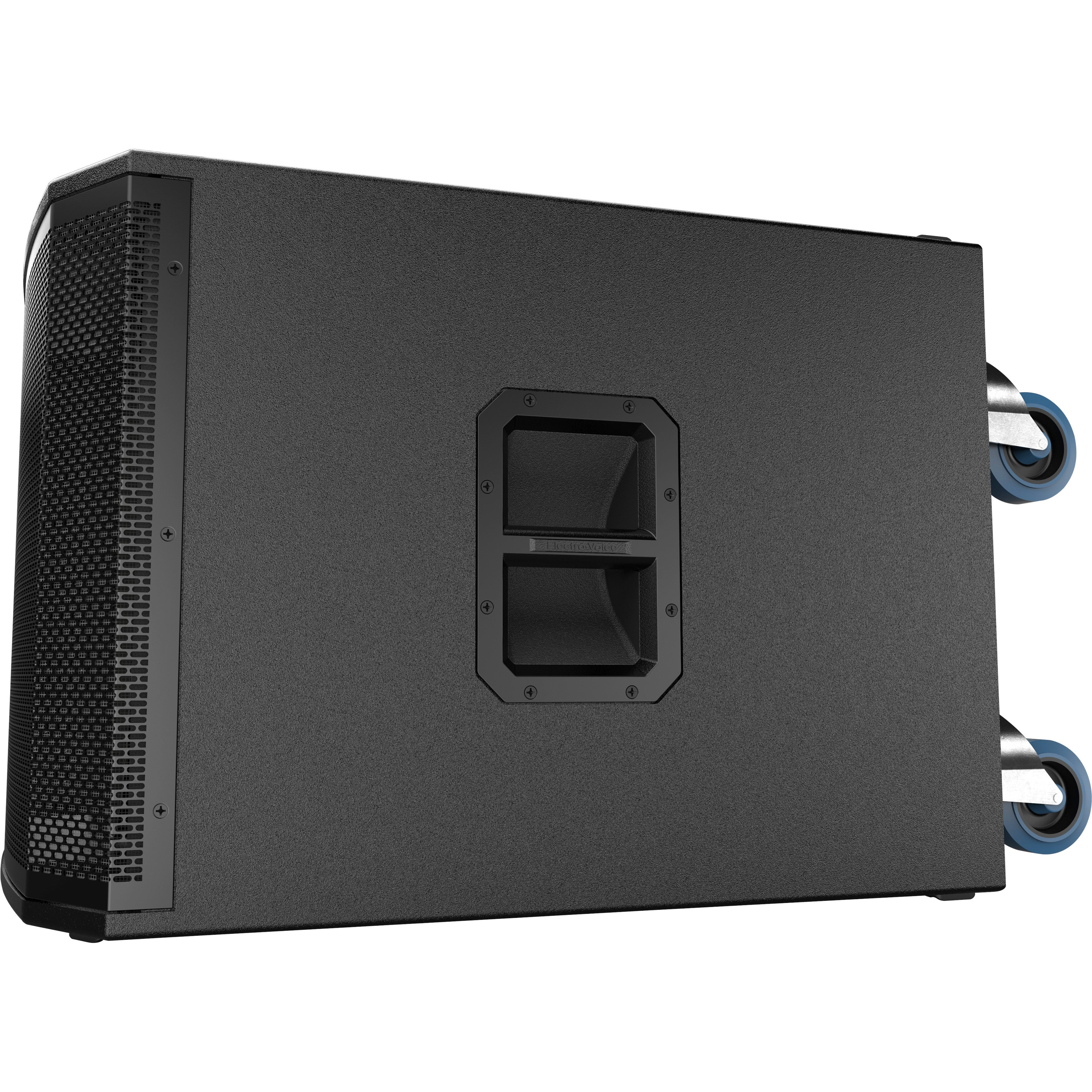 Black speaker with wheels and handles, on a white background.