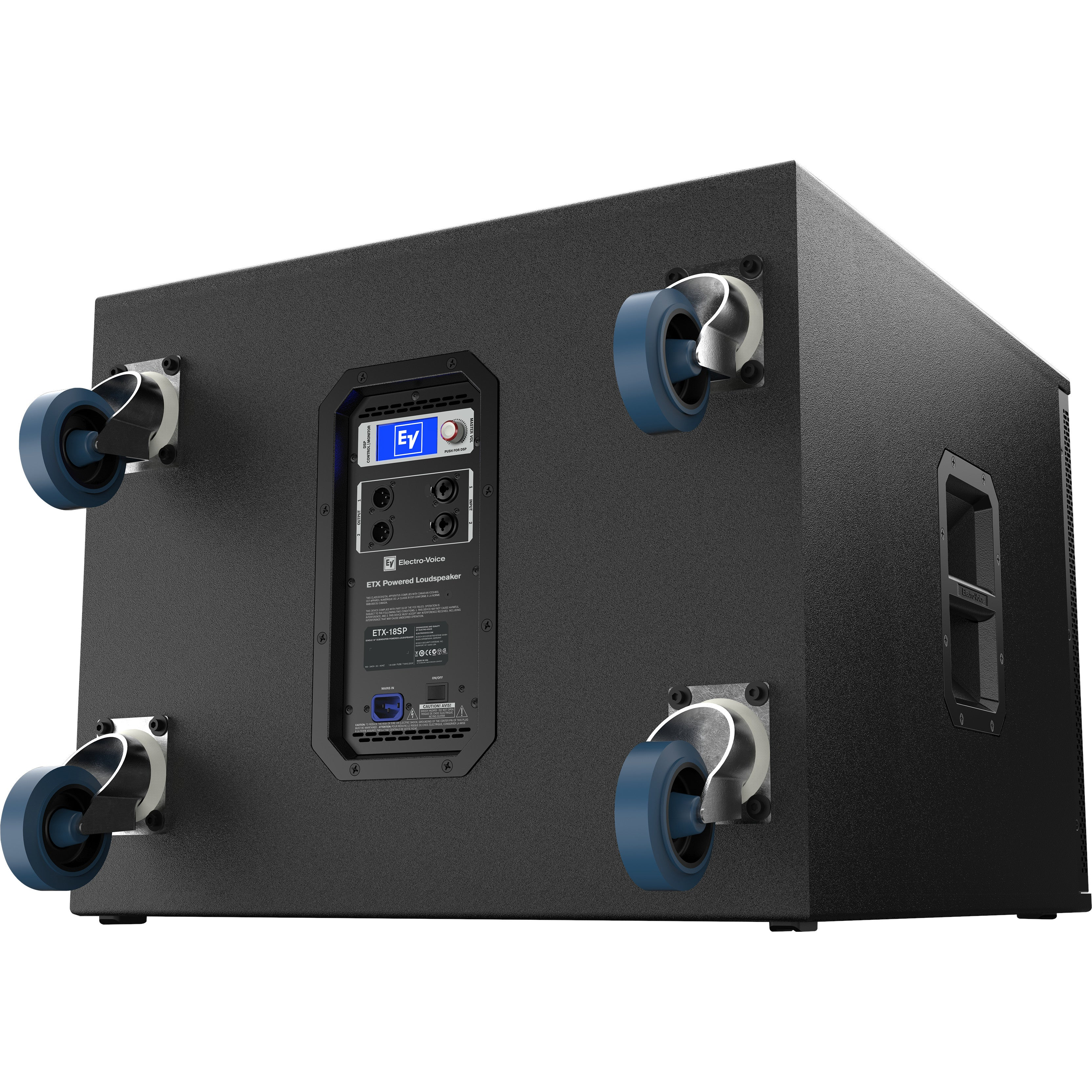 Black subwoofer with 4 blue wheels and connection panel.