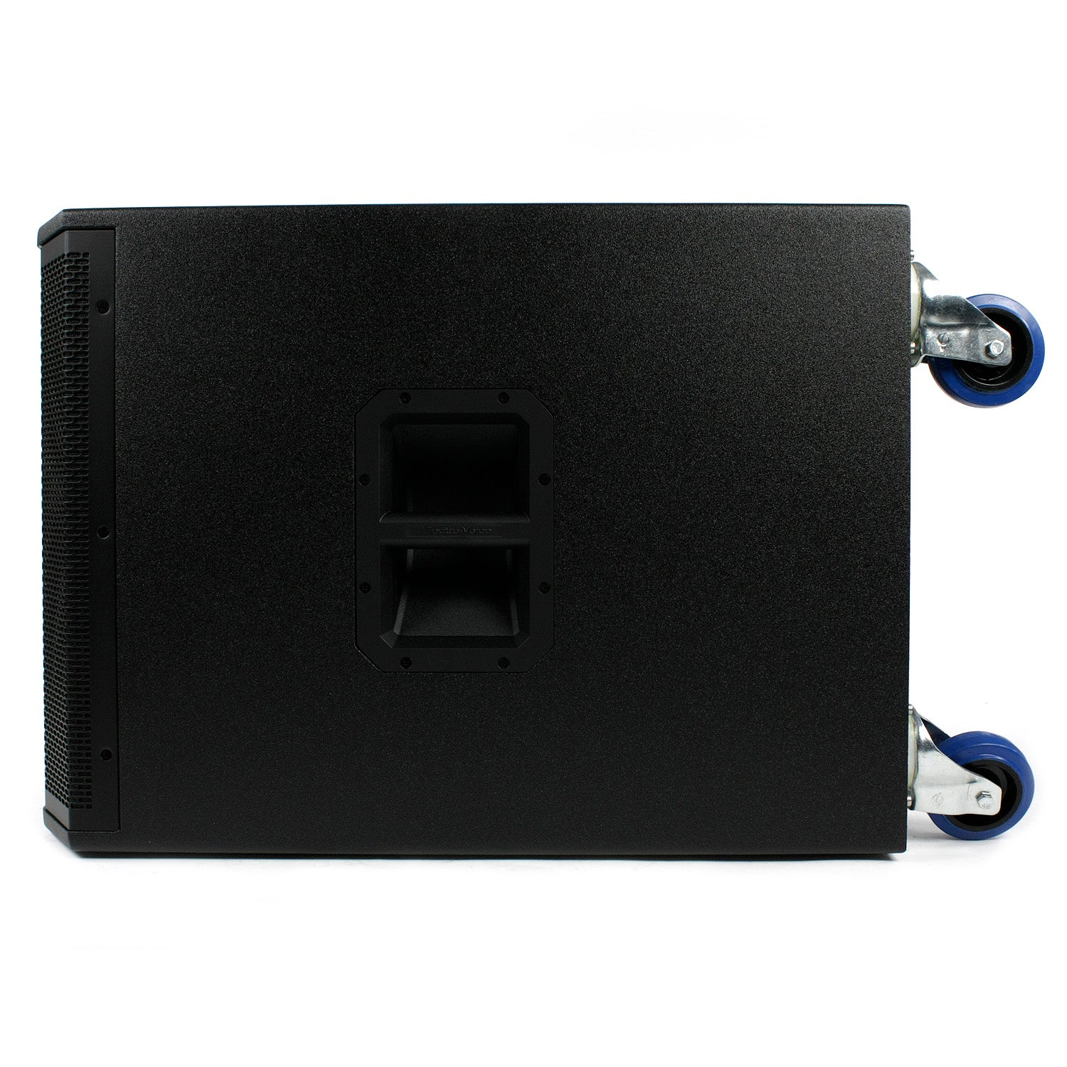Black speaker with handle and blue wheels on a white background.