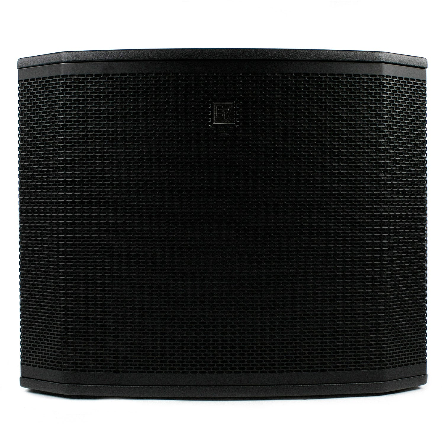 Black speaker with a fine mesh grille and an EV logo.