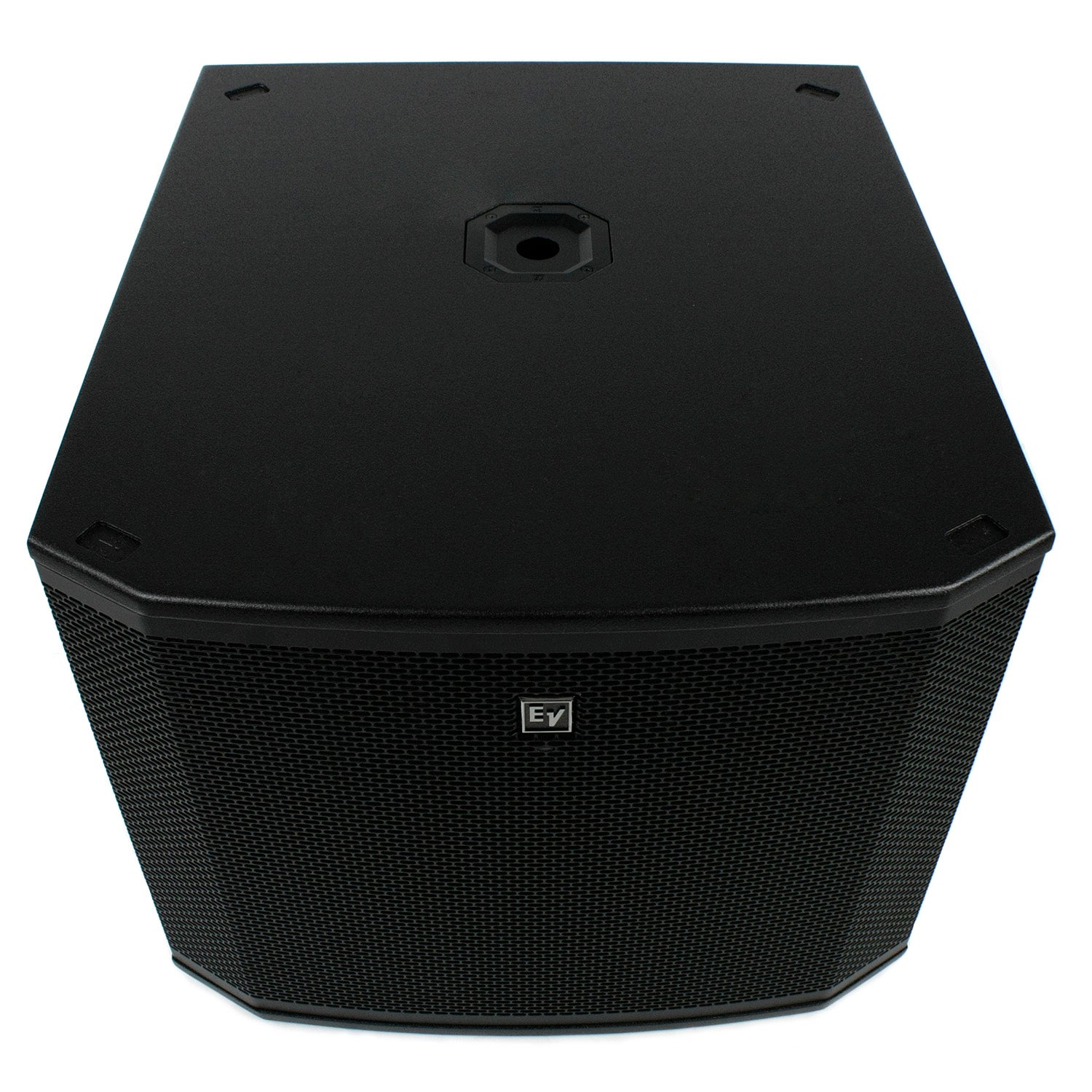 Black speaker with grille front and EV logo, shown on white background.