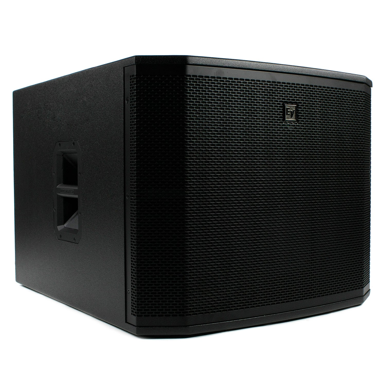 Black rectangular subwoofer speaker with a textured grille and EV logo.