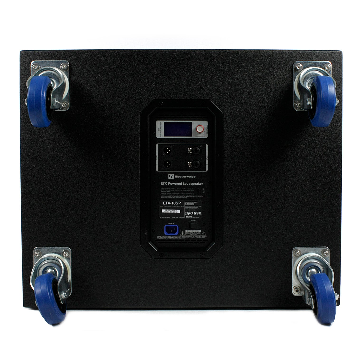 Black loudspeaker with four blue casters and connection panel.