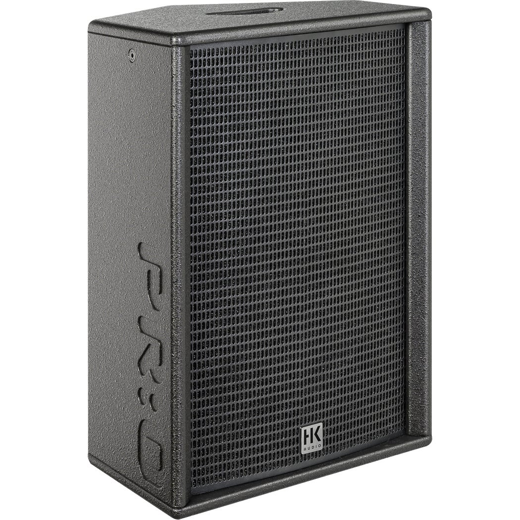 Black speaker with black grille and HK Audio logo.