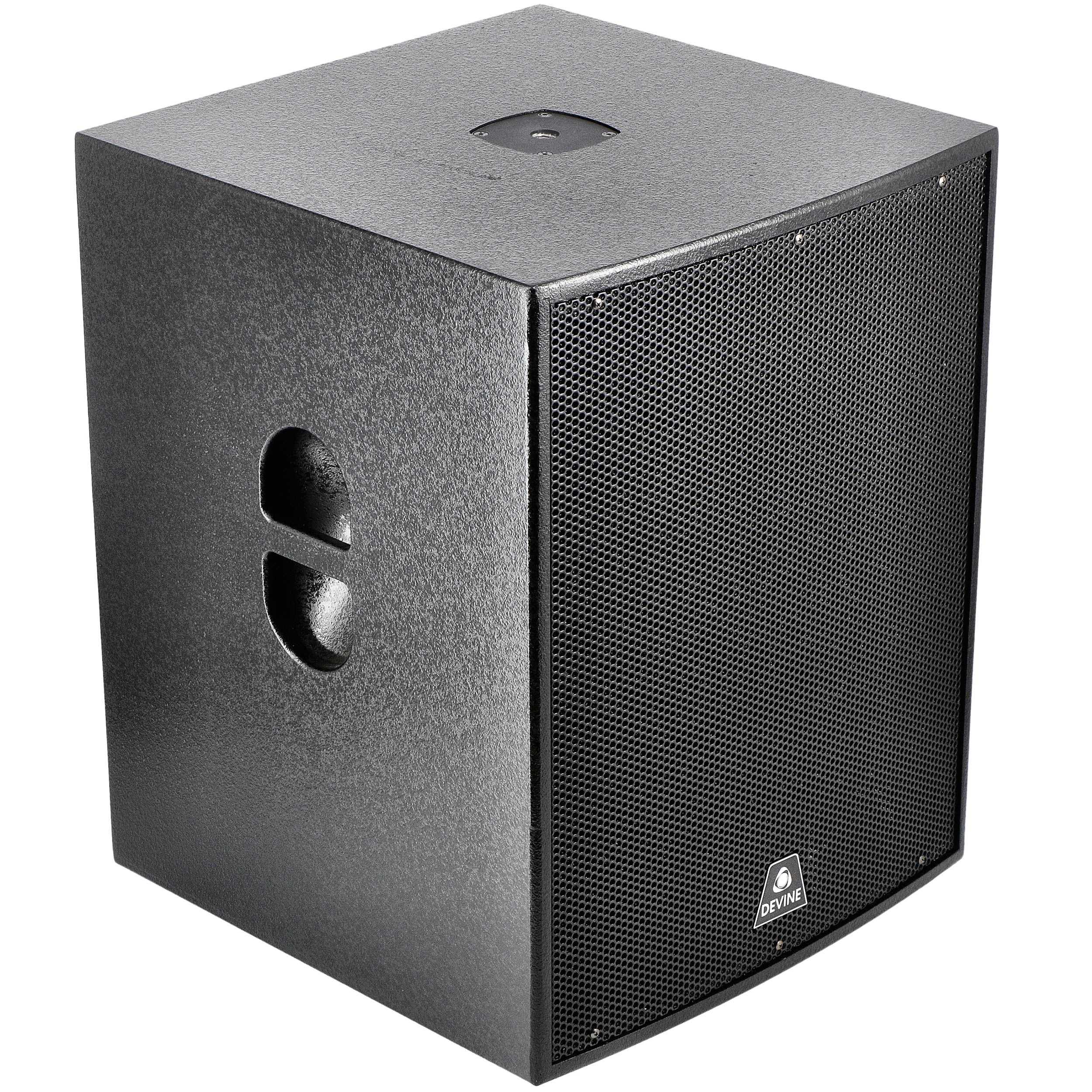 Black subwoofer speaker with metal grille and handles. Devine logo.