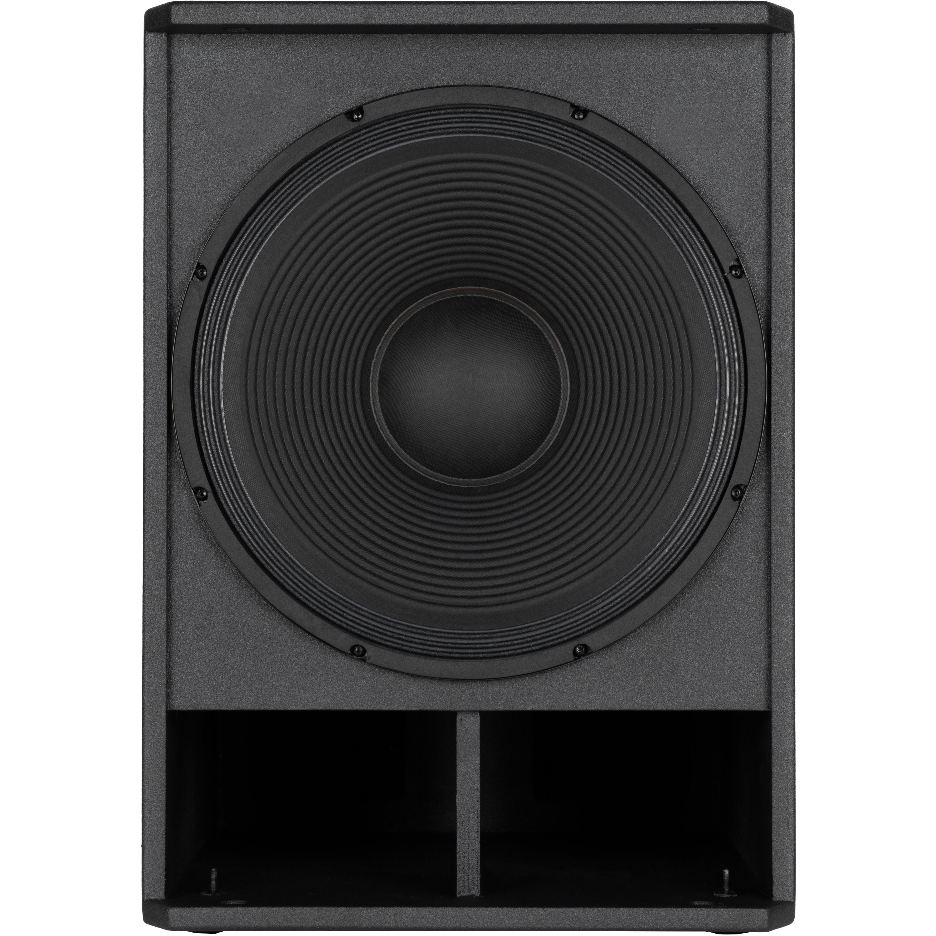 A black subwoofer with a large speaker cone and two lower openings.