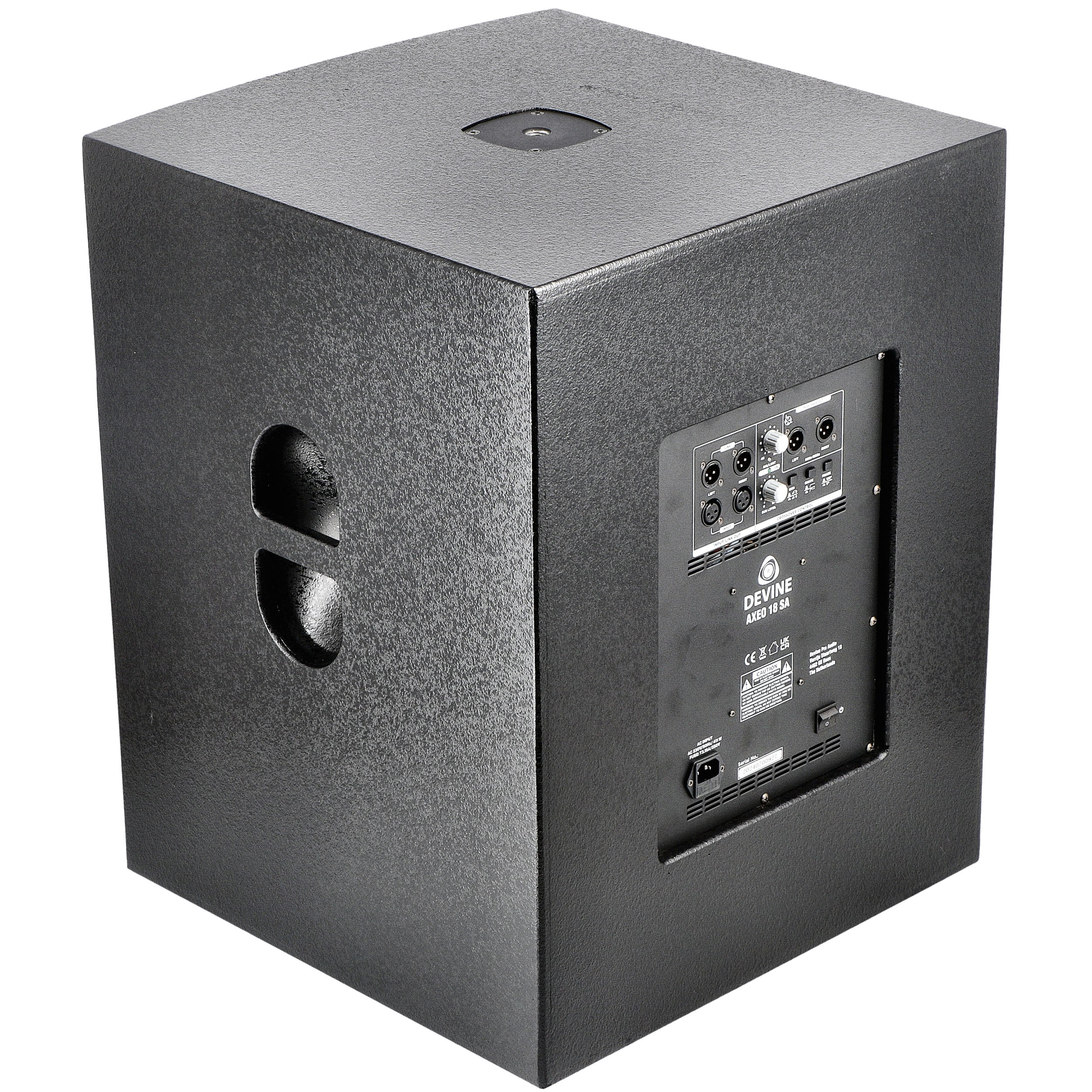 Black subwoofer with handle cutouts and rear connections.