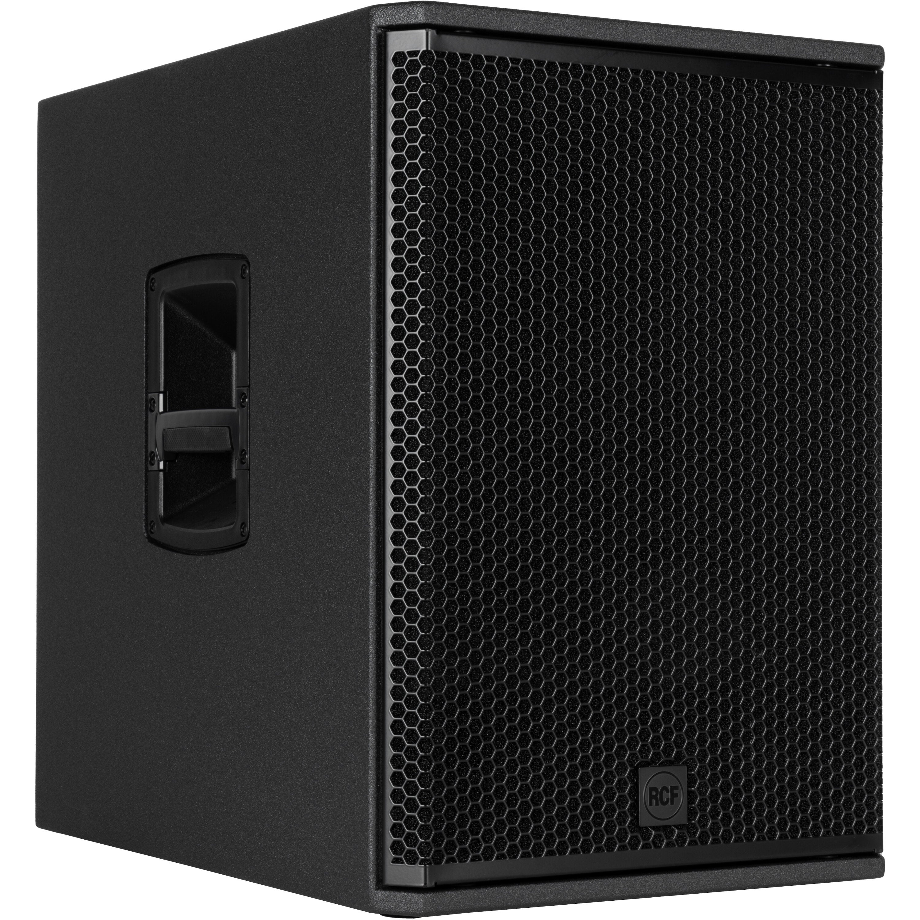 Black subwoofer speaker with RCF logo on the grille.