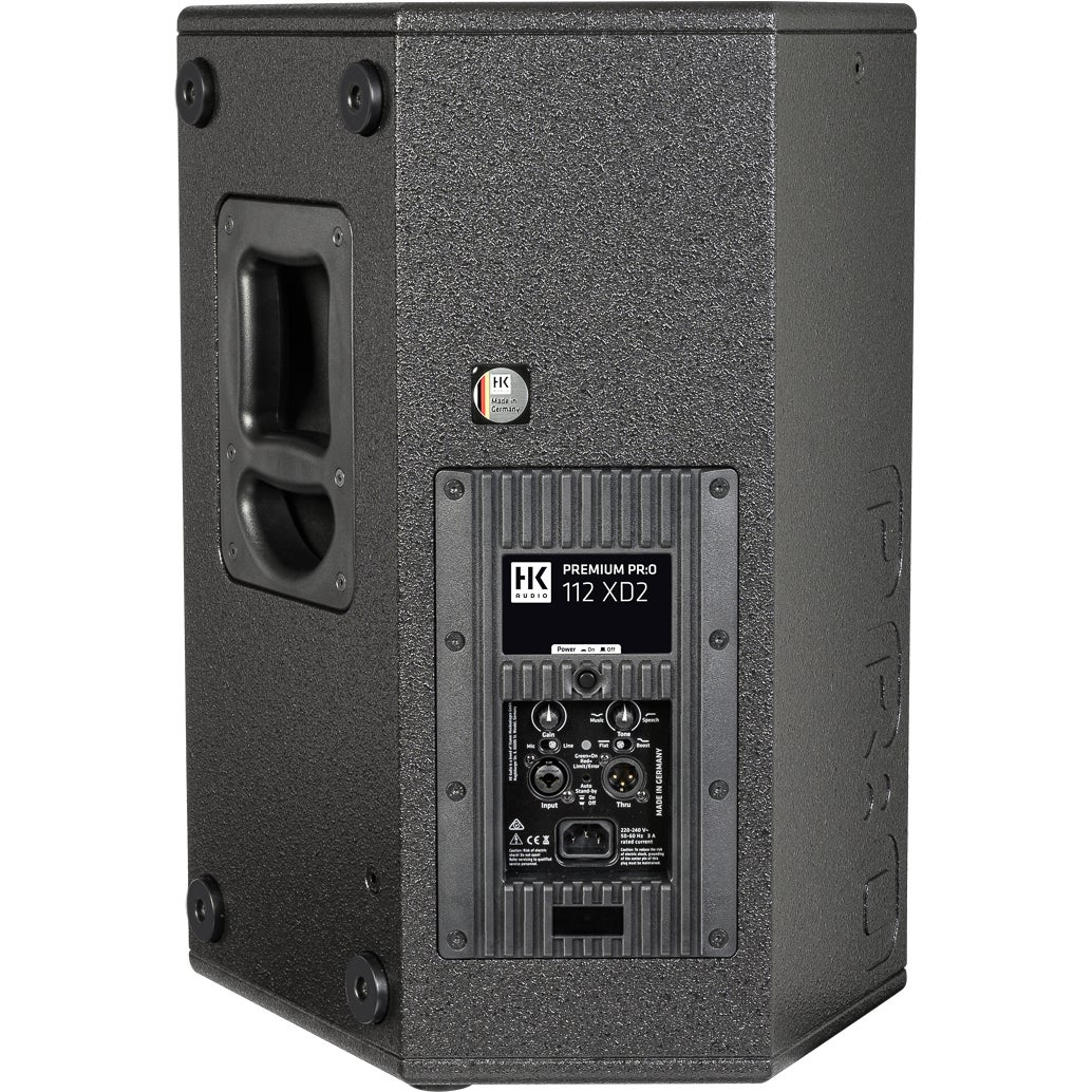 Black HK Audio Premium PR:0 112 XD2 speaker with handle and connection panel.