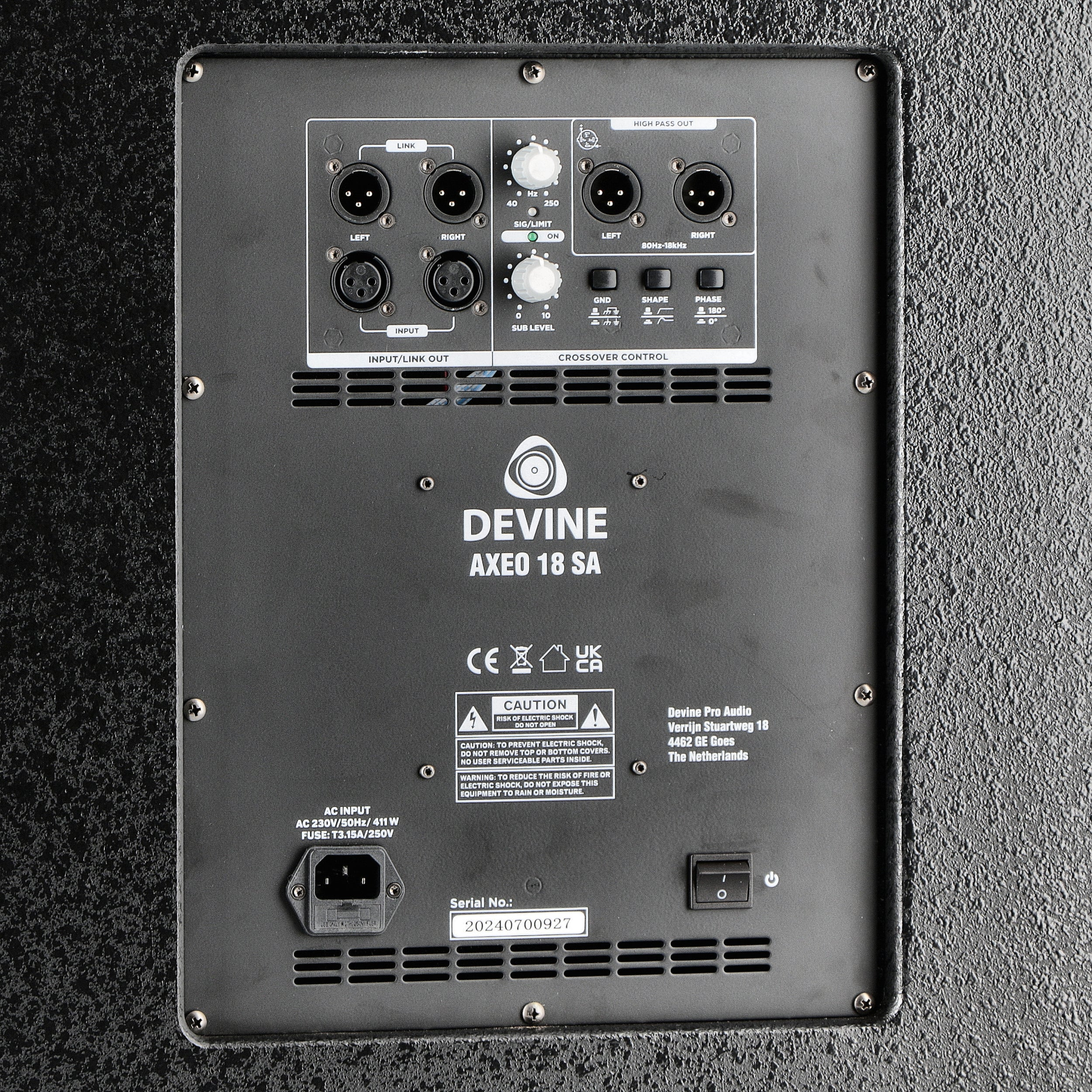 Back panel of a black speaker with connectors, knobs, and labels.