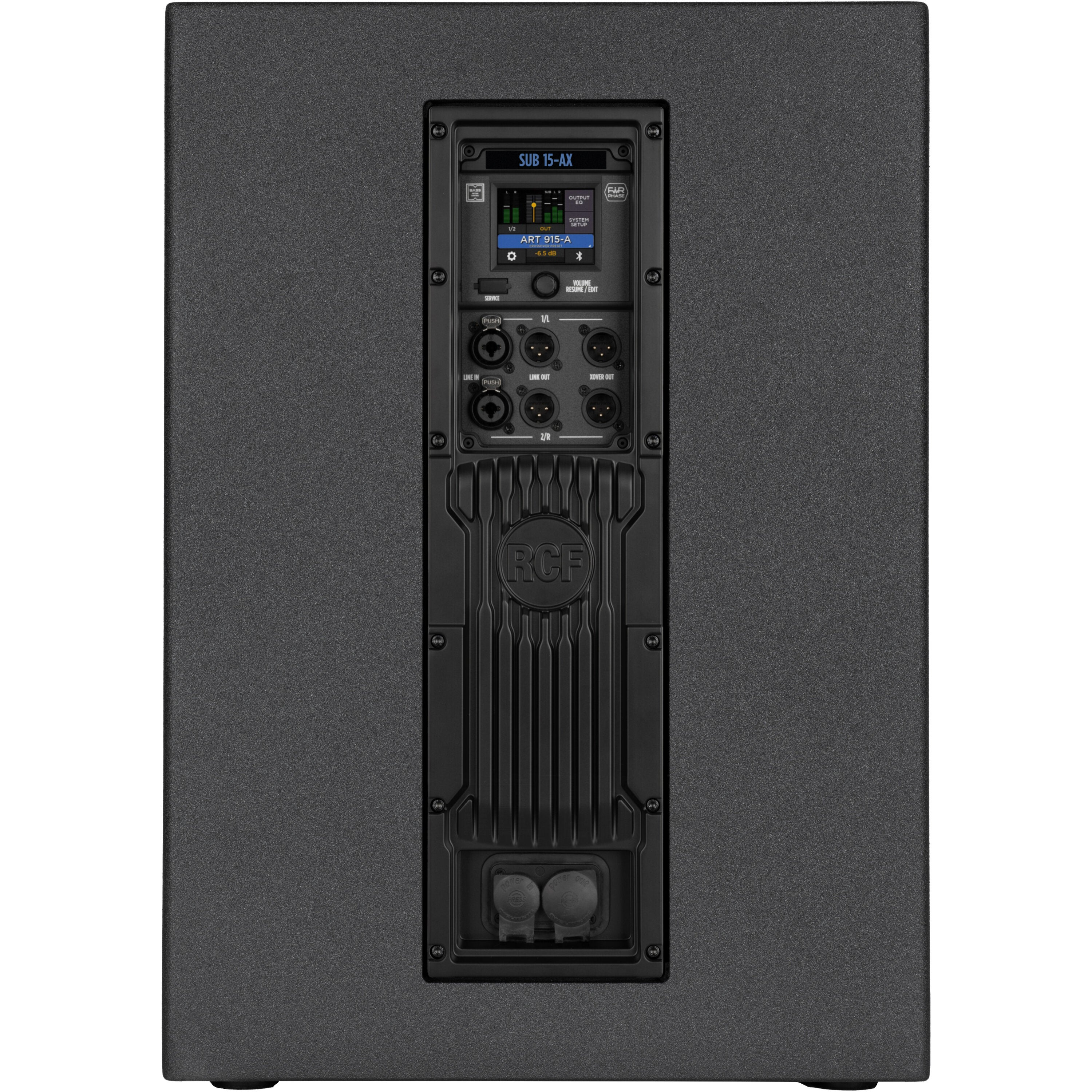 Black RCF subwoofer with connection panel and digital display.