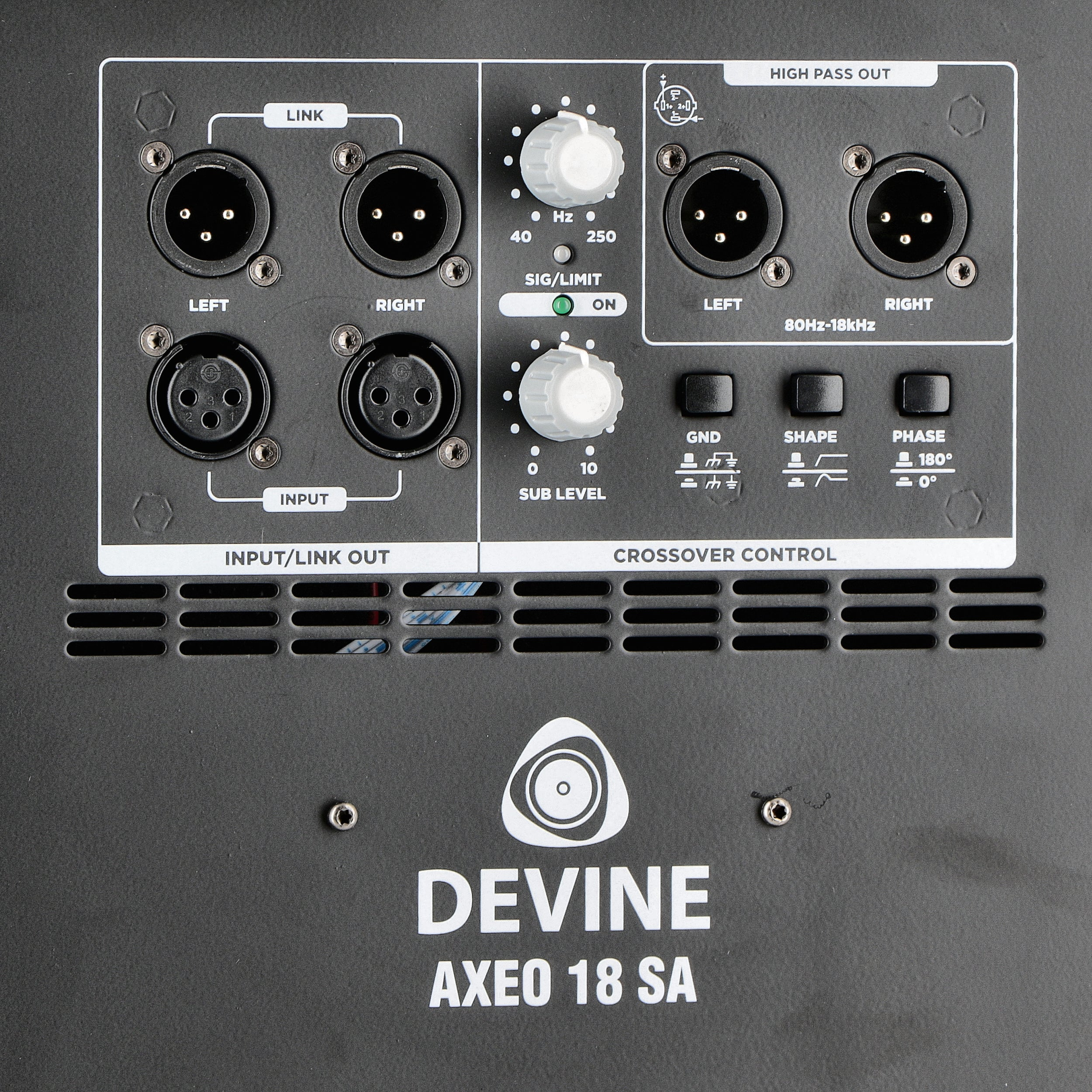 Rear panel of a speaker featuring connectors, controls, and the DEVINE brand name.