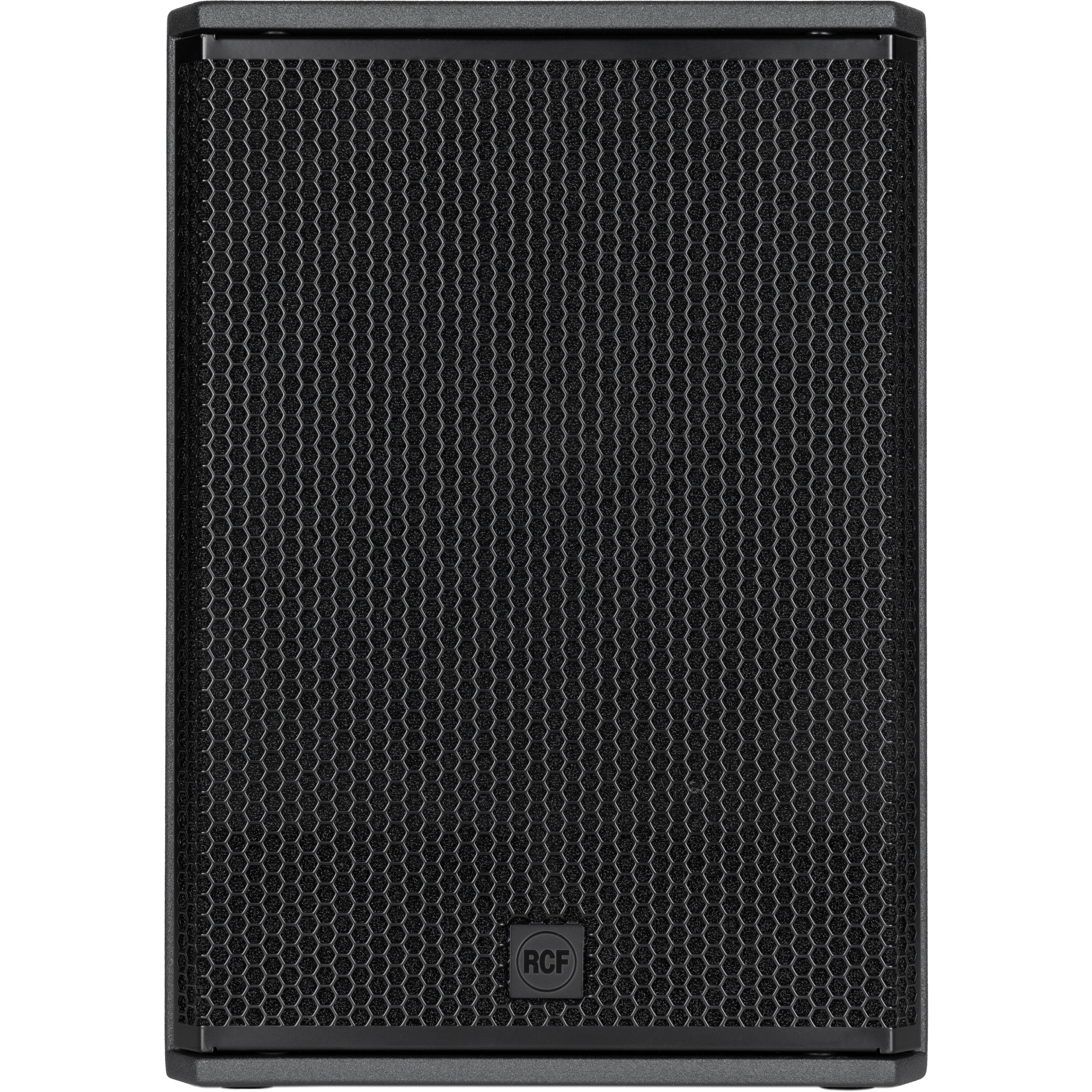 Black speaker with hexagonal grille and RCF logo.