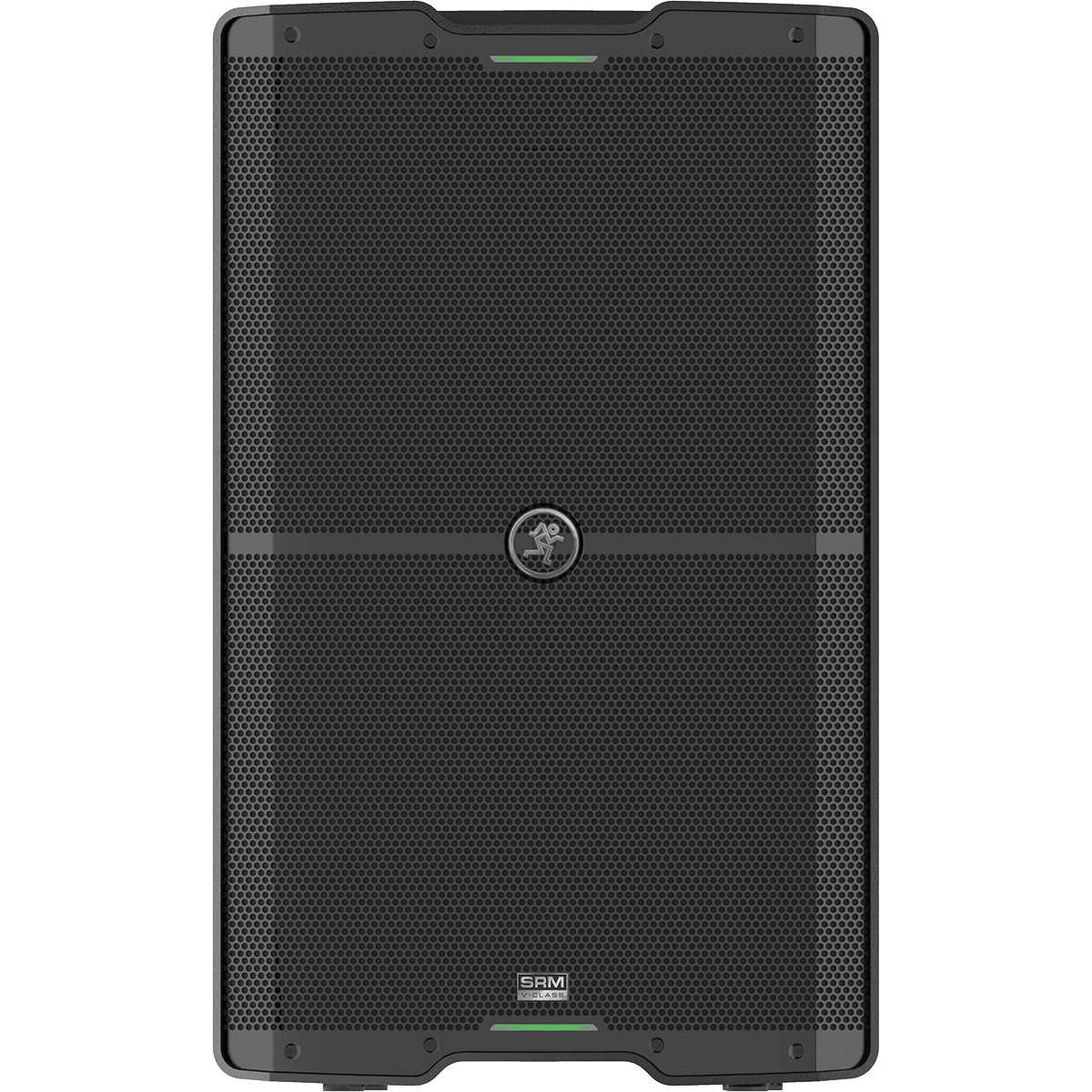 Black Mackie SRM V-Class speaker with a perforated grille and logo. Green LED lights at top and bottom.