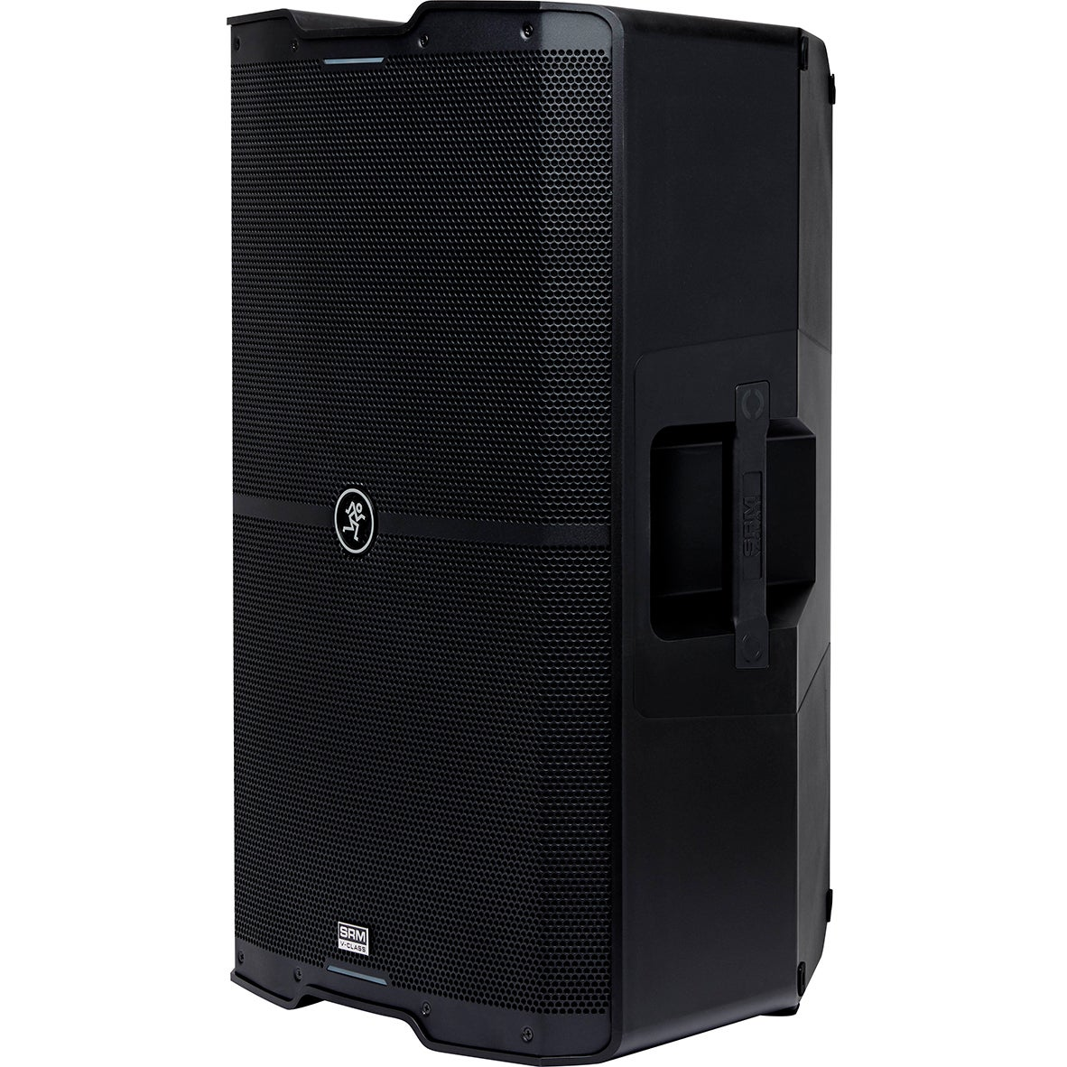 Black speaker with grille and handle.