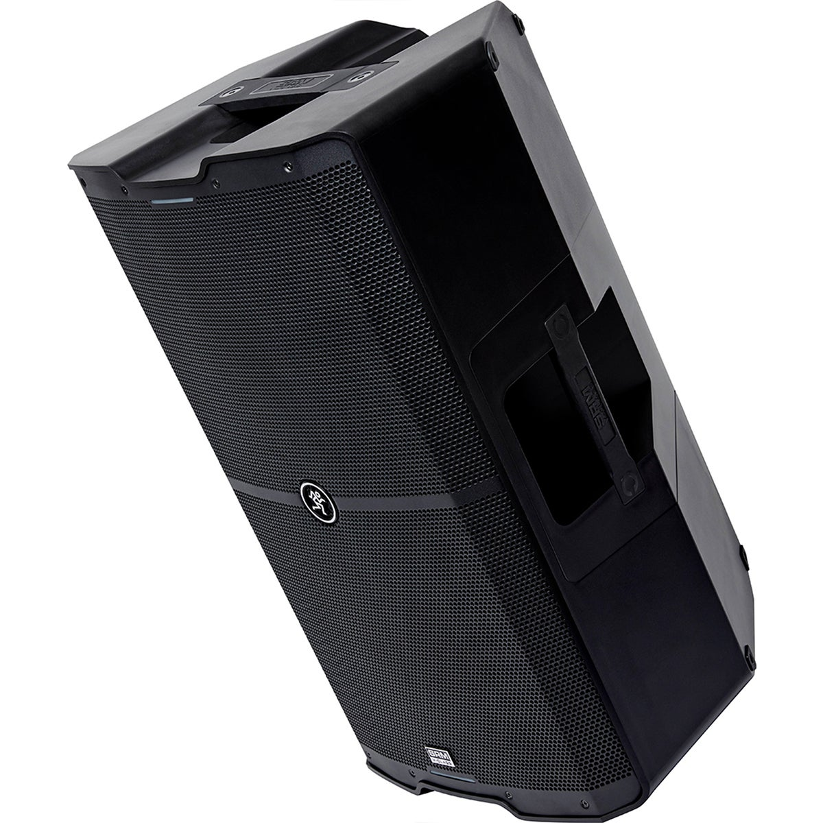 A black speaker with handles and a grille on the front, shown at an angle.