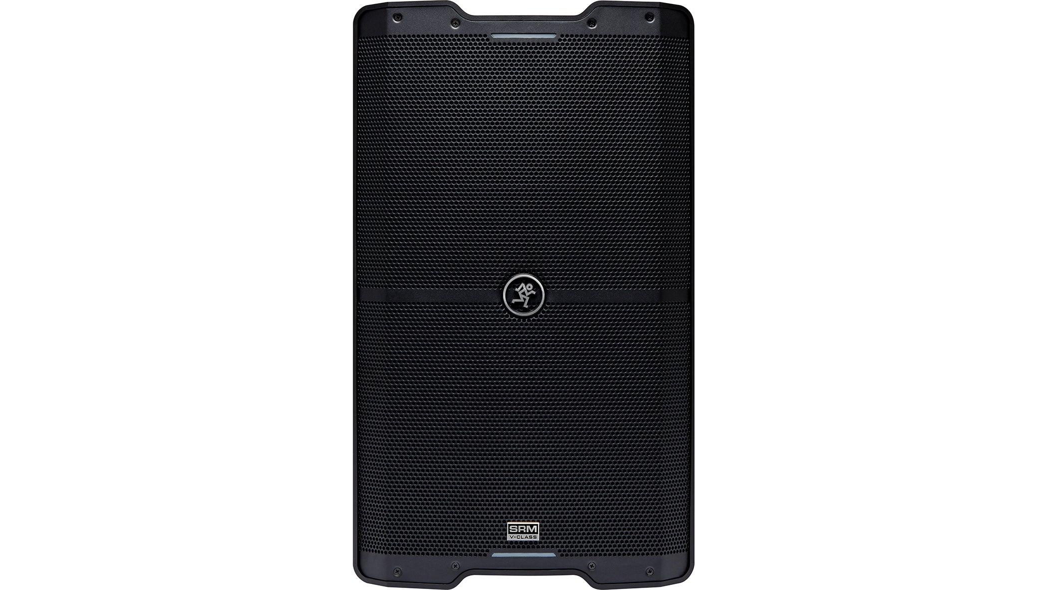 Black speaker with a grille front, Mackie logo, and SRM V-CLASS text.