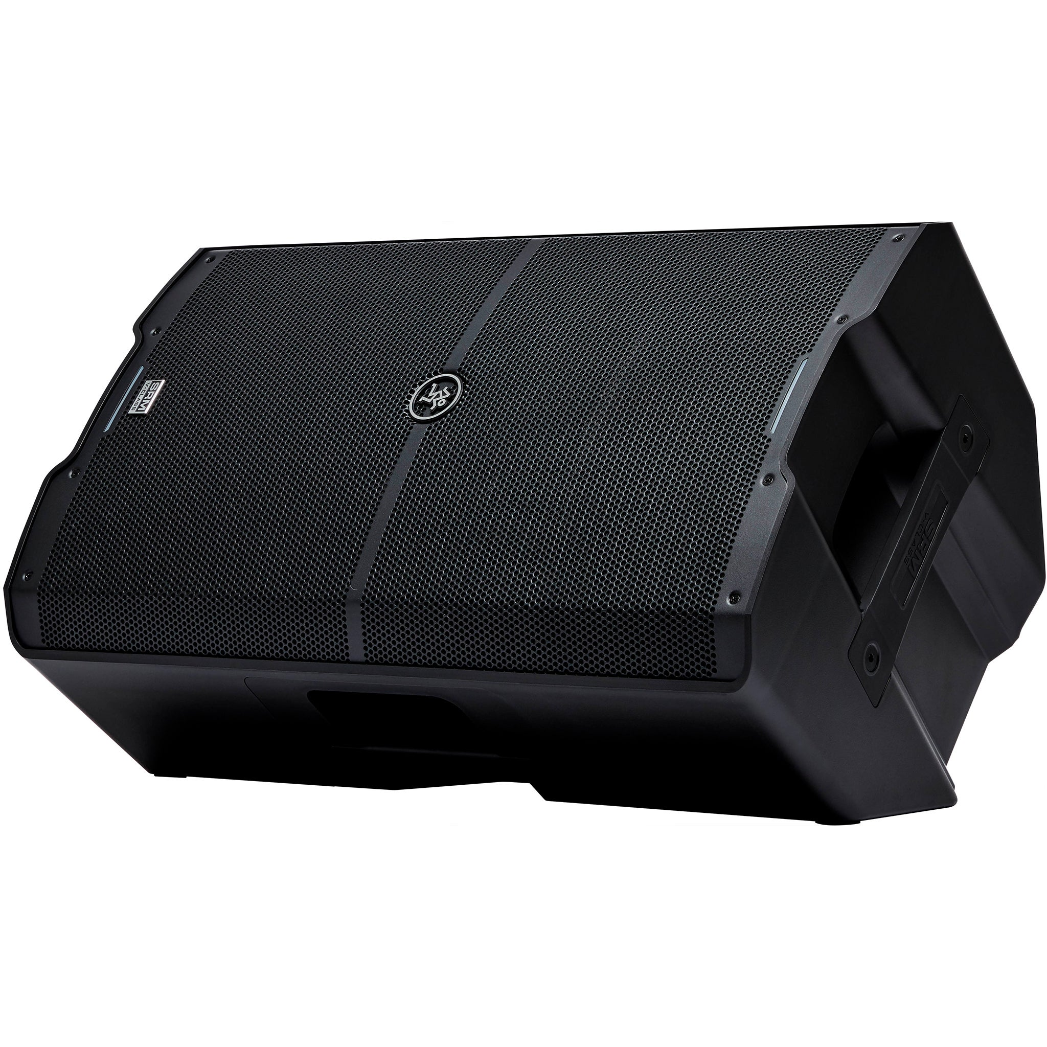 Black Mackie SRM V-Class speaker with a grille front and logo.