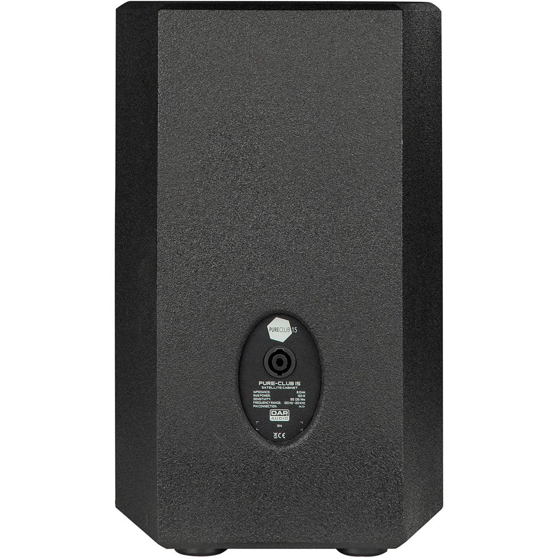 Black speaker cabinet with 'PURE-CLUB 15' label and connection details.
