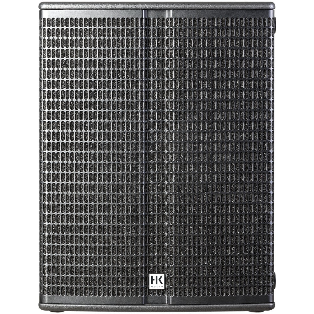 Black speaker with a front grille and an HK Audio logo.