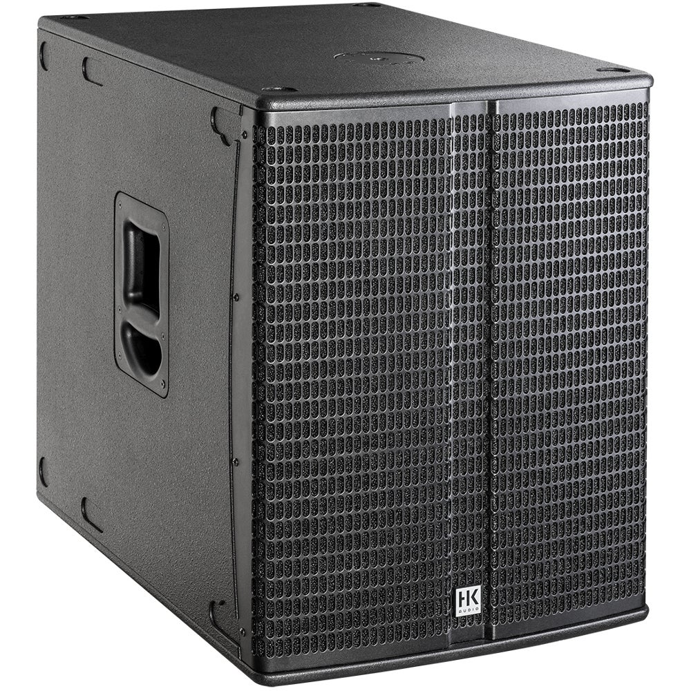 A black HK Audio subwoofer with grilles and a handle.