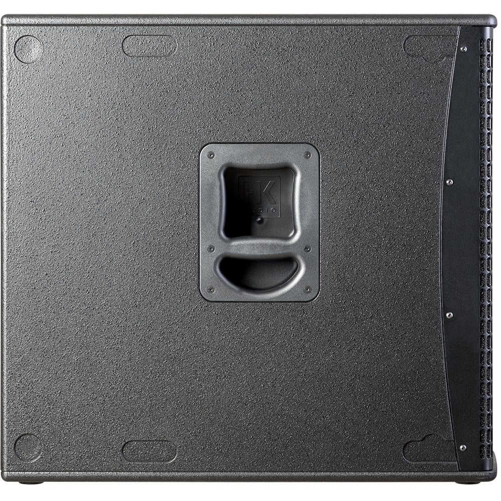 Black speaker with handle and logo. Textured surface.