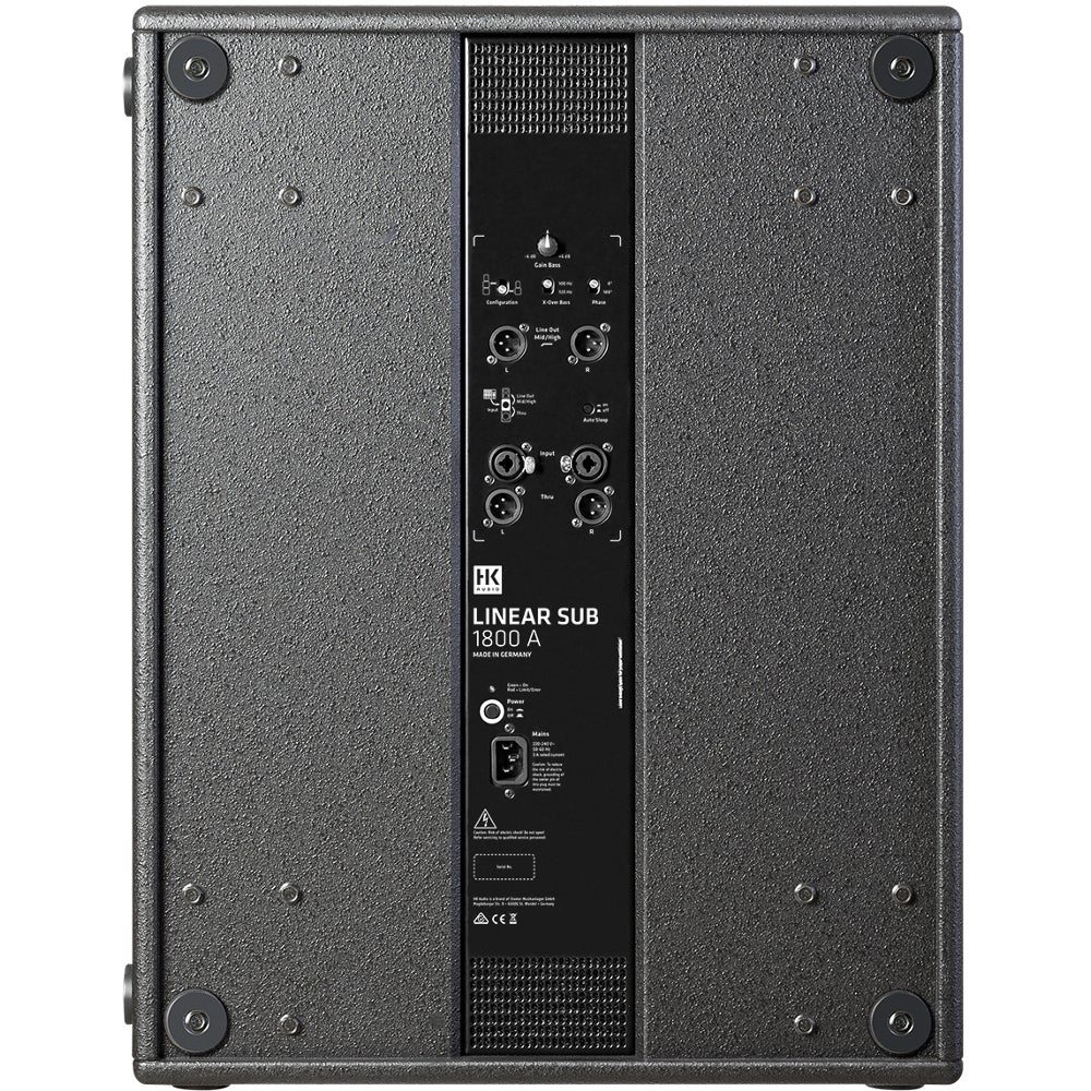 Back panel of a black subwoofer with connectors and labels.