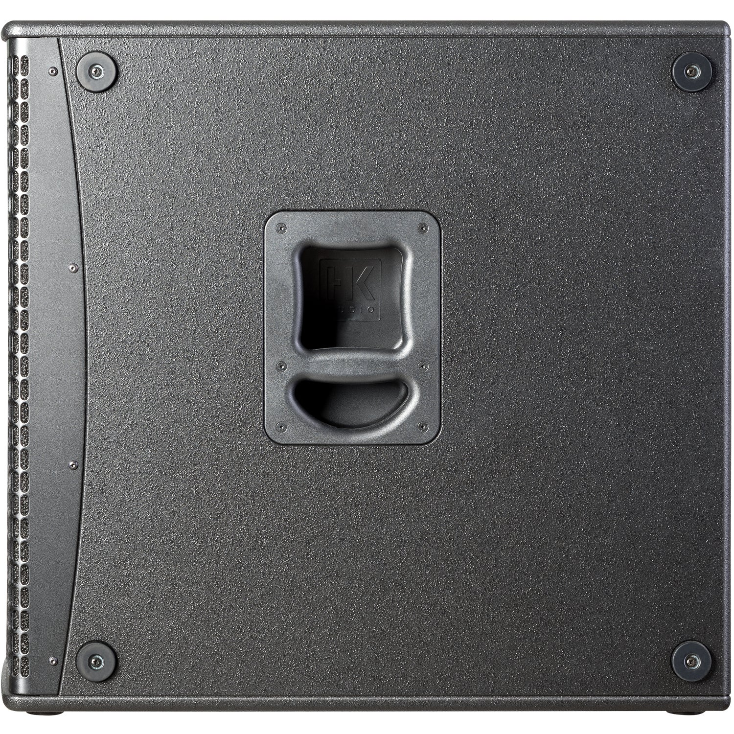 Black subwoofer with handle and ventilation slots.