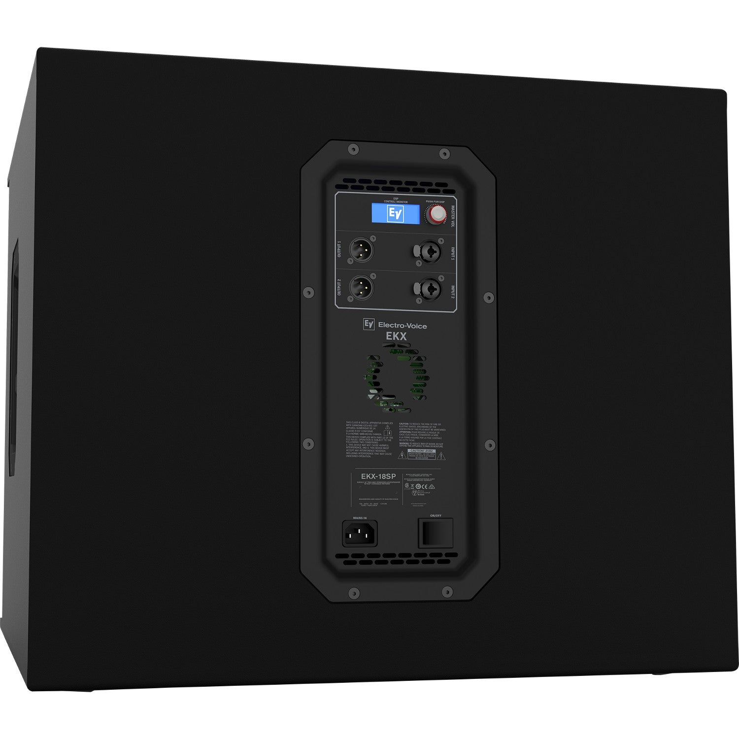 Back panel of a black Electro-Voice EKX-18SP subwoofer showing connections.