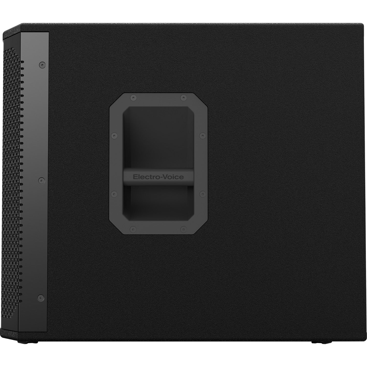 Black speaker with inset handle and grille. Electro-Voice logo.