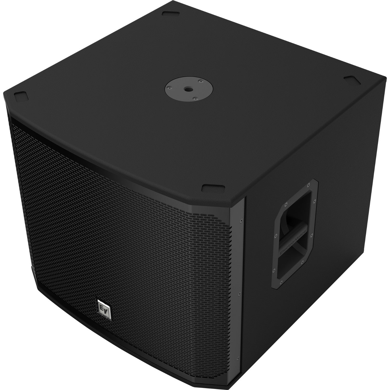 Black subwoofer with grille and handles. EV logo on the front bottom.