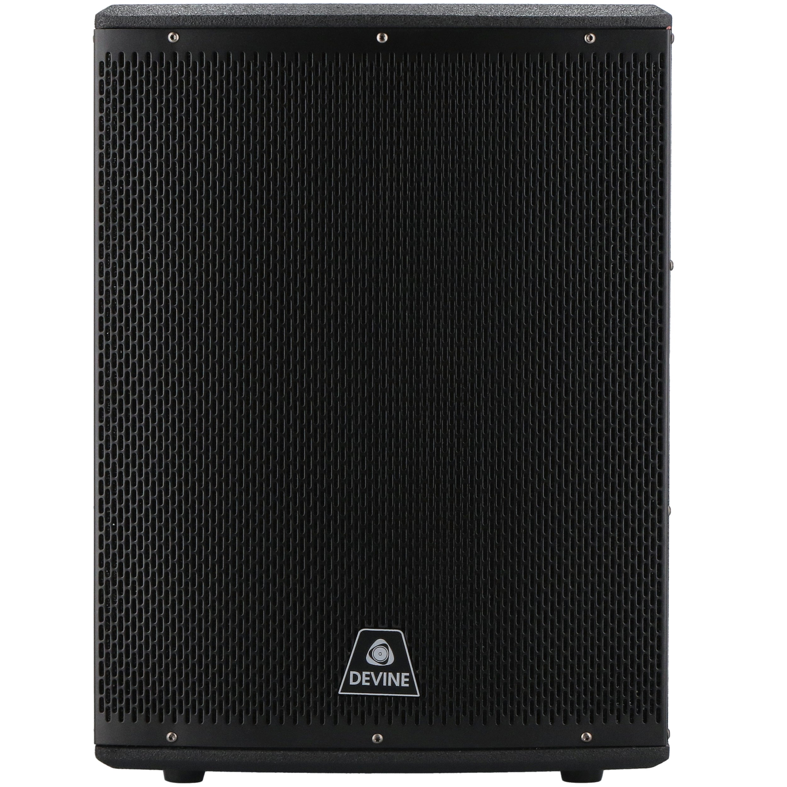 Black speaker with a grille front and logo at the bottom.