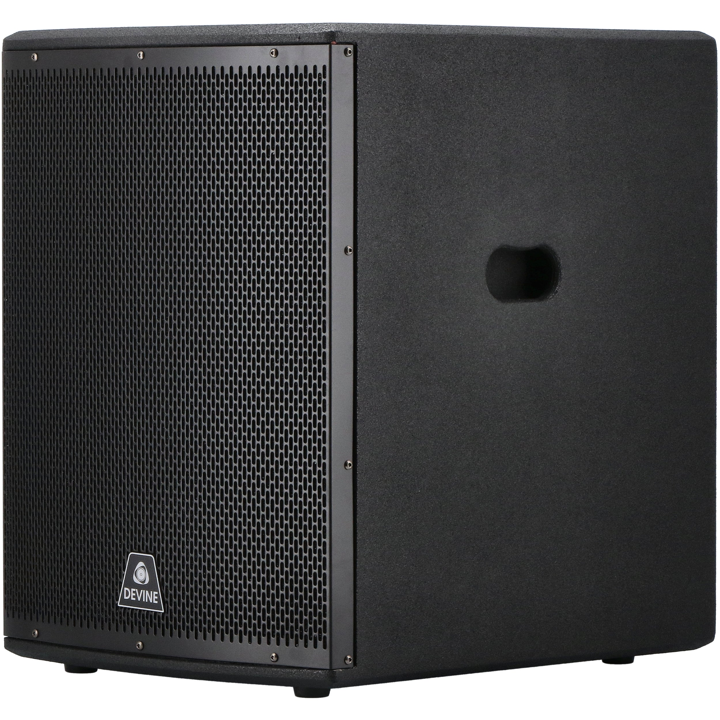 Black subwoofer with a grille front and a handle on the side.