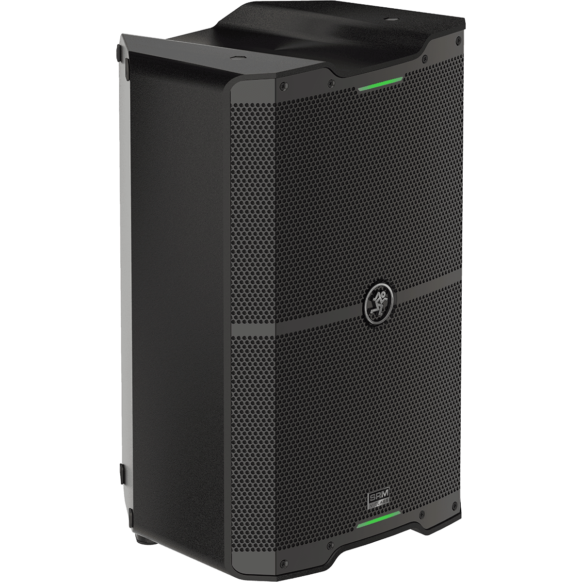 A black Mackie SRM V-Class speaker with a perforated grille and green LED lights.