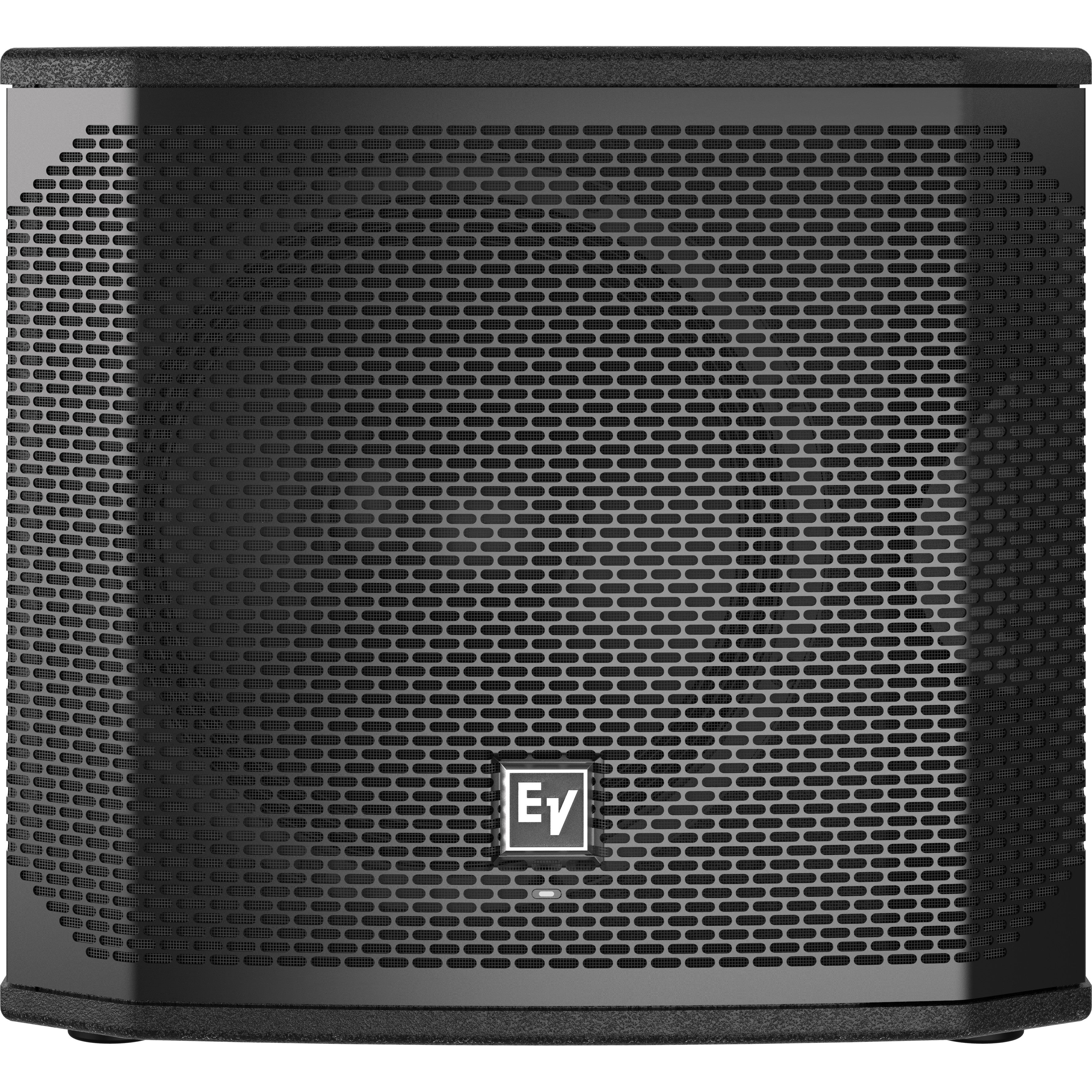 Black speaker with silver EV logo and perforated grille surface.
