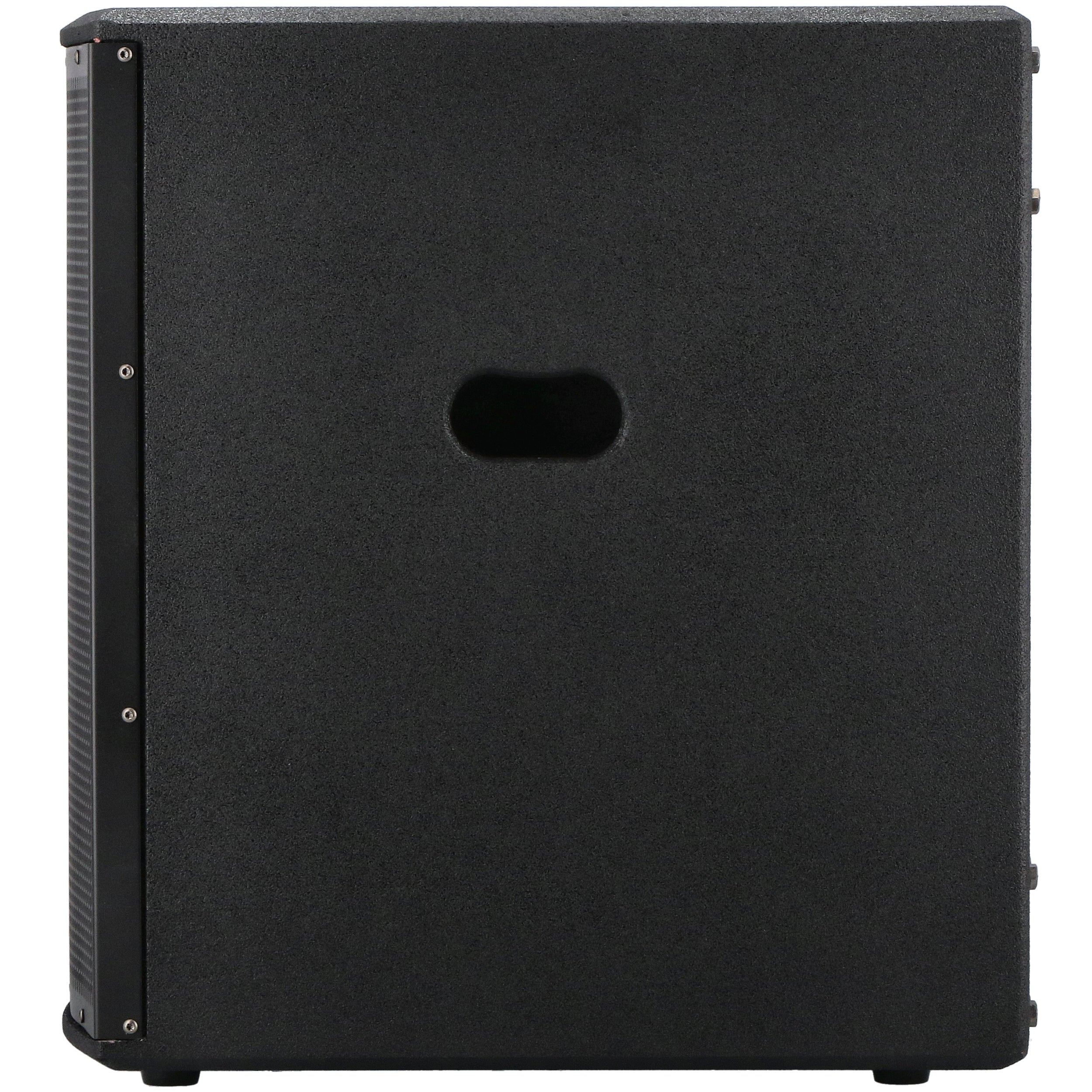 Black speaker with a recessed handle and a side ventilation grille.