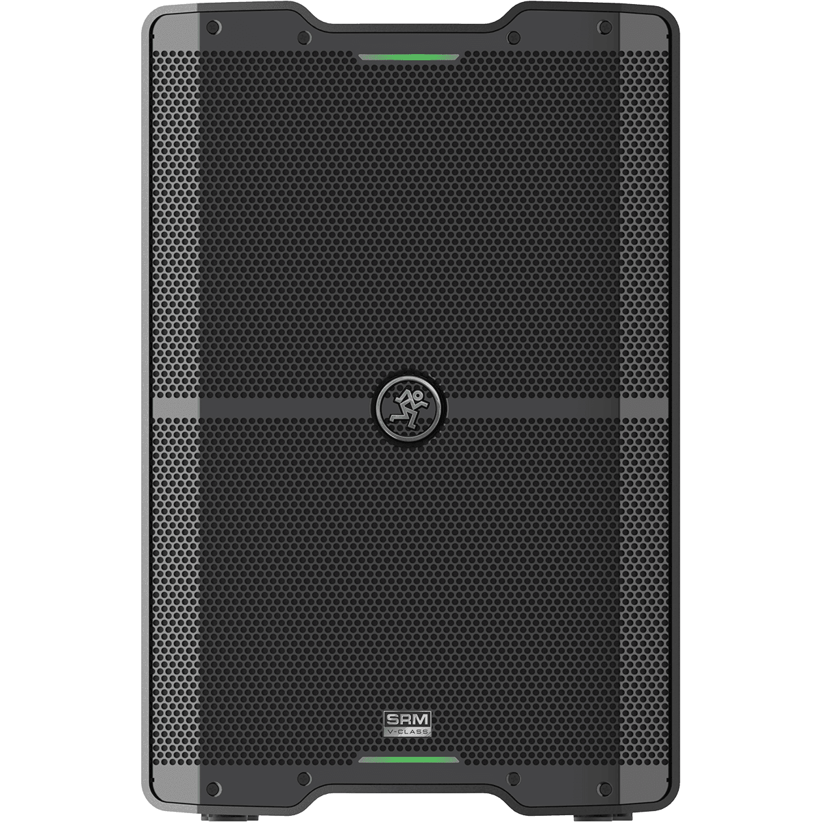 Black speaker with silver accents and logo.