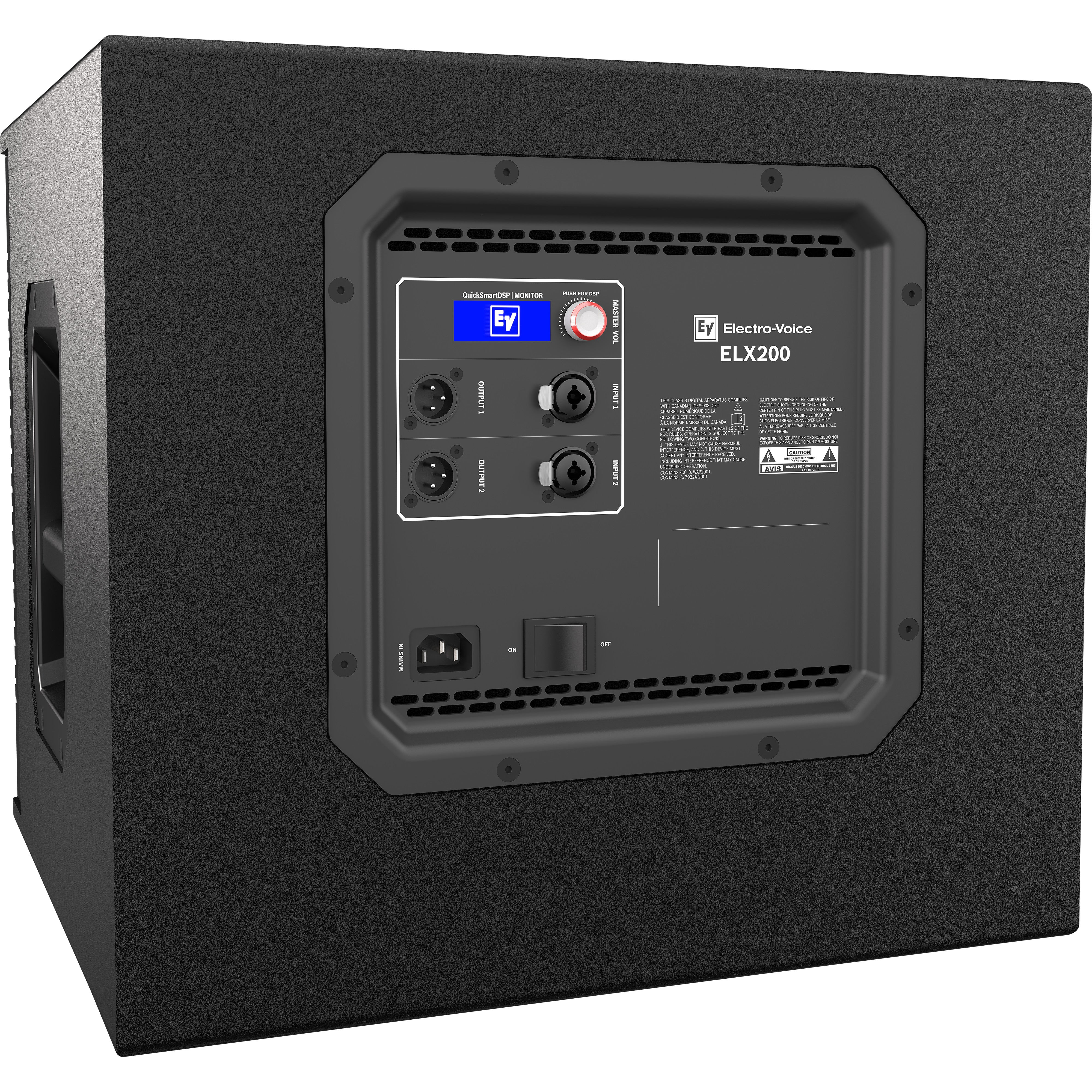 Back of a black Electro-Voice ELX200 subwoofer with connections and controls.