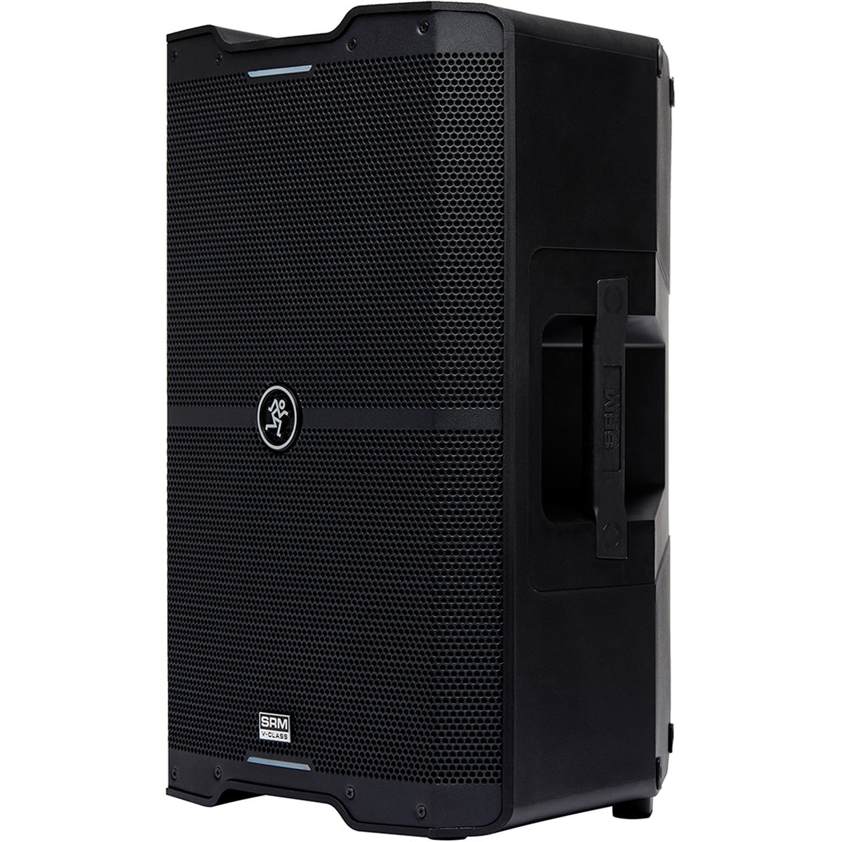 Black speaker with grille front, logo, and carrying handle.