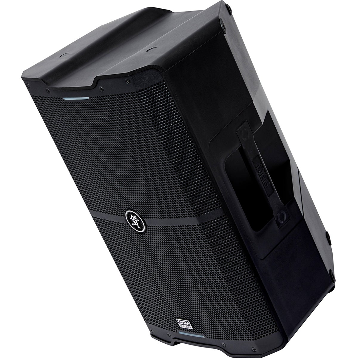 Black speaker with grille front and handle, isolated on a white background.